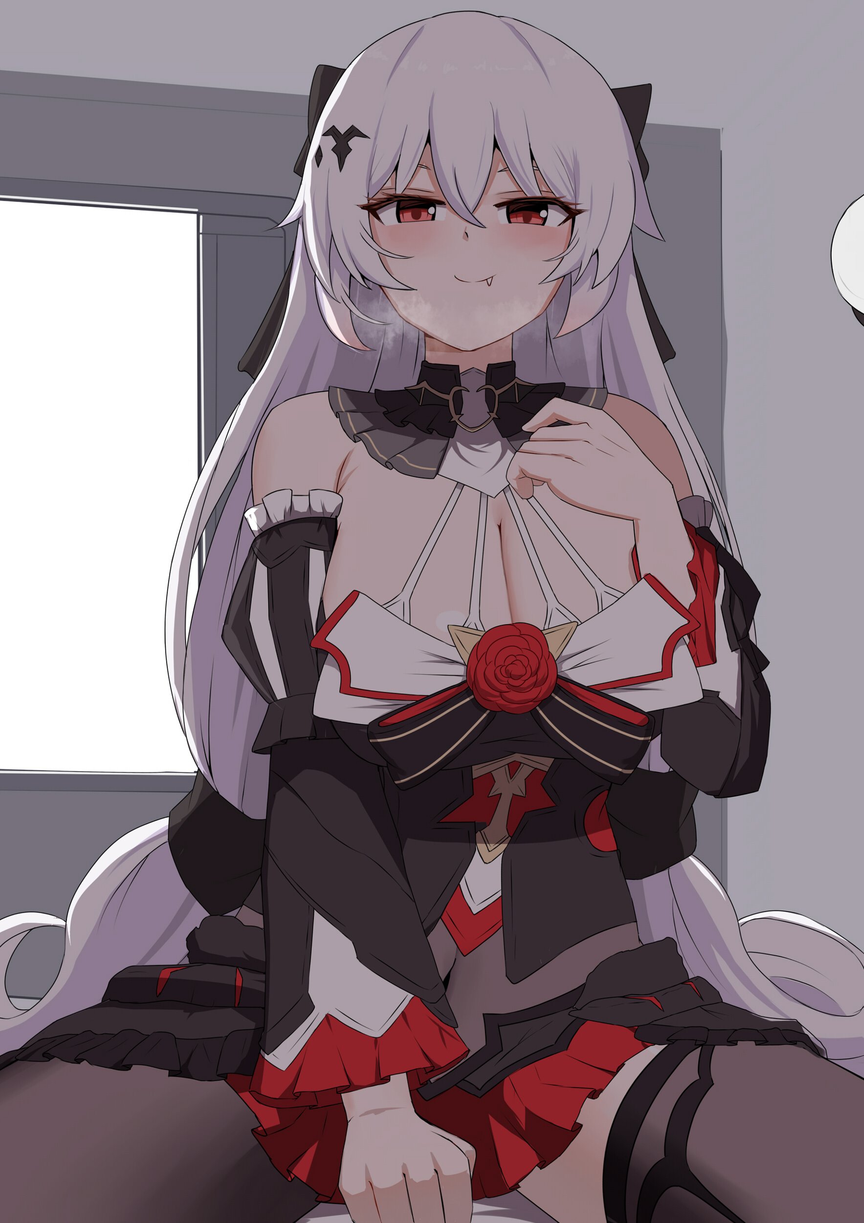 marin liekuriva, theresa apocalypse, theresa apocalypse (luna kindred), theresa apocalypse (lunar vow: crimson love), honkai (series), honkai impact 3rd, absurdres, commentary, highres, 1girl, bat hair ornament, black bow, black collar, black dress, black pantyhose, black thighhighs, blush, bow, breasts, breath, cleavage, closed mouth, collar, covered navel, detached sleeves, dress, fang, hair bow, hair ornament, hand up, indoors, large breasts, long hair, looking at viewer, naughty face, pantyhose, red eyes, red skirt, single leg pantyhose, single thighhigh, sitting, skirt, smile, solo, thighhighs, very long hair, white hair