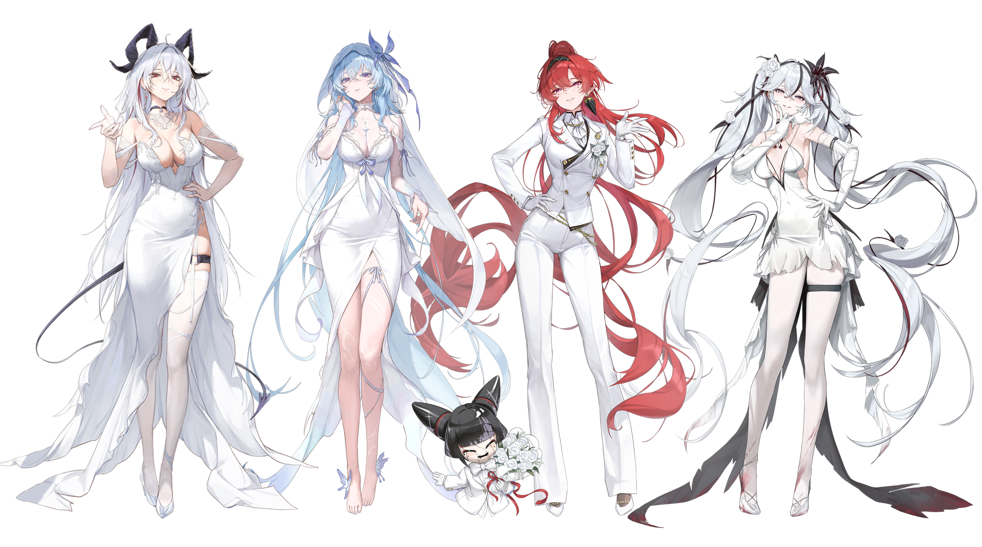 youngjoo kjy, camellya (wuthering waves), shorekeeper (wuthering waves), yinlin (wuthering waves), zani (wuthering waves), wuthering waves, absurdres, commentary, english commentary, highres, merchandise available, revision, 4girls, ahoge, alternate costume, alternate hair length, alternate hairstyle, ascot, bare shoulders, barefoot, black flower, black hairband, black horns, black tail, blake bloom (wuthering waves), blue hair, breasts, bridal veil, buttons, cleavage, closed mouth, covered navel, curled horns, demon tail, double-breasted, dress, earrings, elbow gloves, flower, gloves, hair between eyes, hair flower, hair ornament, hairband, hand on own hip, hand up, high ponytail, horns, jacket, jewelry, large breasts, long dress, long hair, long sleeves, looking at viewer, medium breasts, multicolored hair, multiple girls, o-ring, o-ring thigh strap, pants, pantyhose, parted lips, pointing, pointing at viewer, pointy ears, ponytail, purple eyes, red eyes, red hair, rose, smile, streaked hair, suit jacket, tail, thigh strap, thighhighs, twintails, veil, very long hair, wedding dress, white ascot, white dress, white flower, white gloves, white hair, white jacket, white pants, white pantyhose, white rose, white thighhighs, white veil, zapstring (wuthering waves)