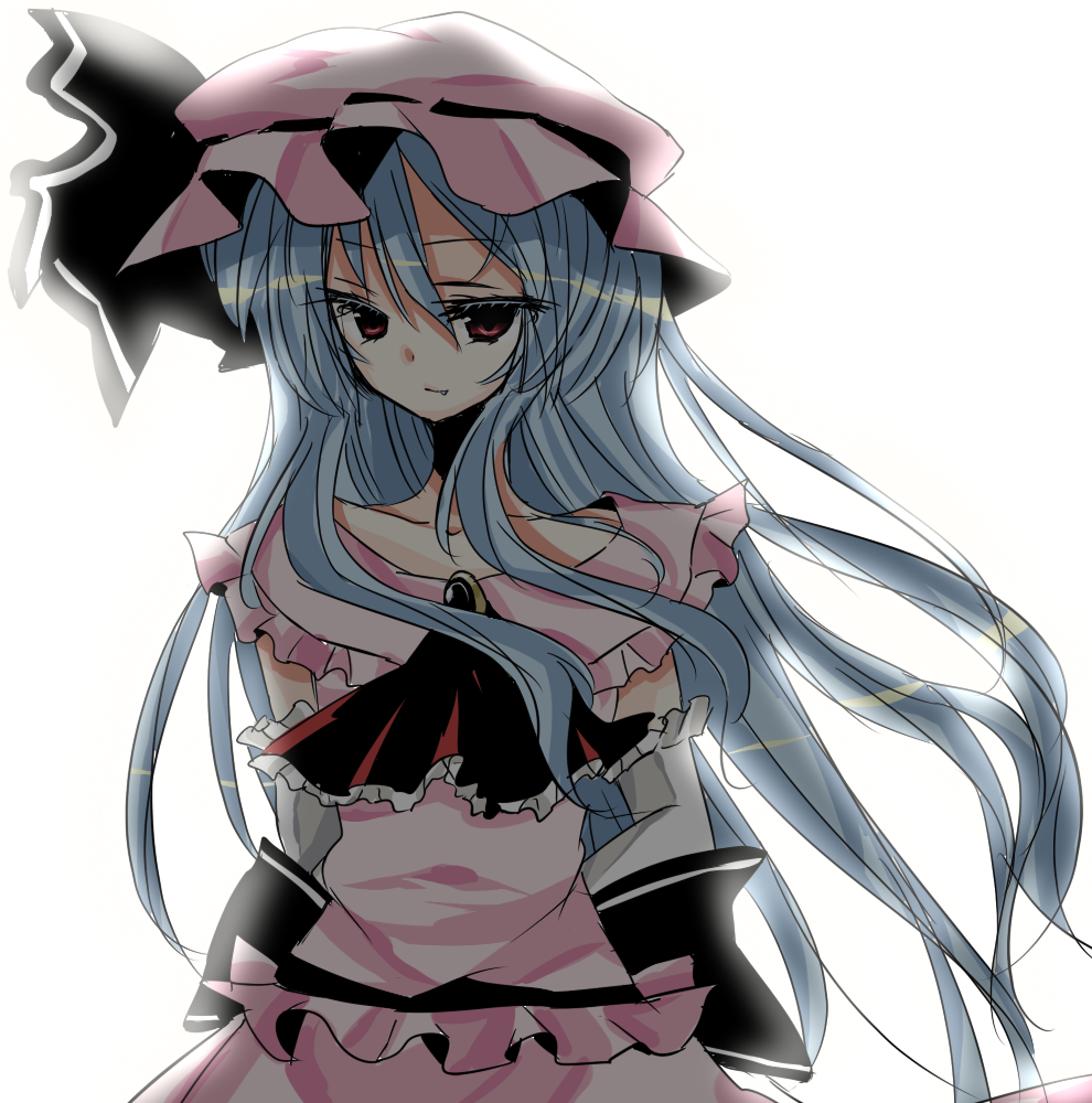 hiharo, remilia scarlet, touhou, bad id, bad pixiv id, 1girl, aged up, alternate costume, alternate hairstyle, backlighting, blue hair, collarbone, eyelashes, fang, female focus, hat, long hair, red eyes, ribbon, simple background, solo