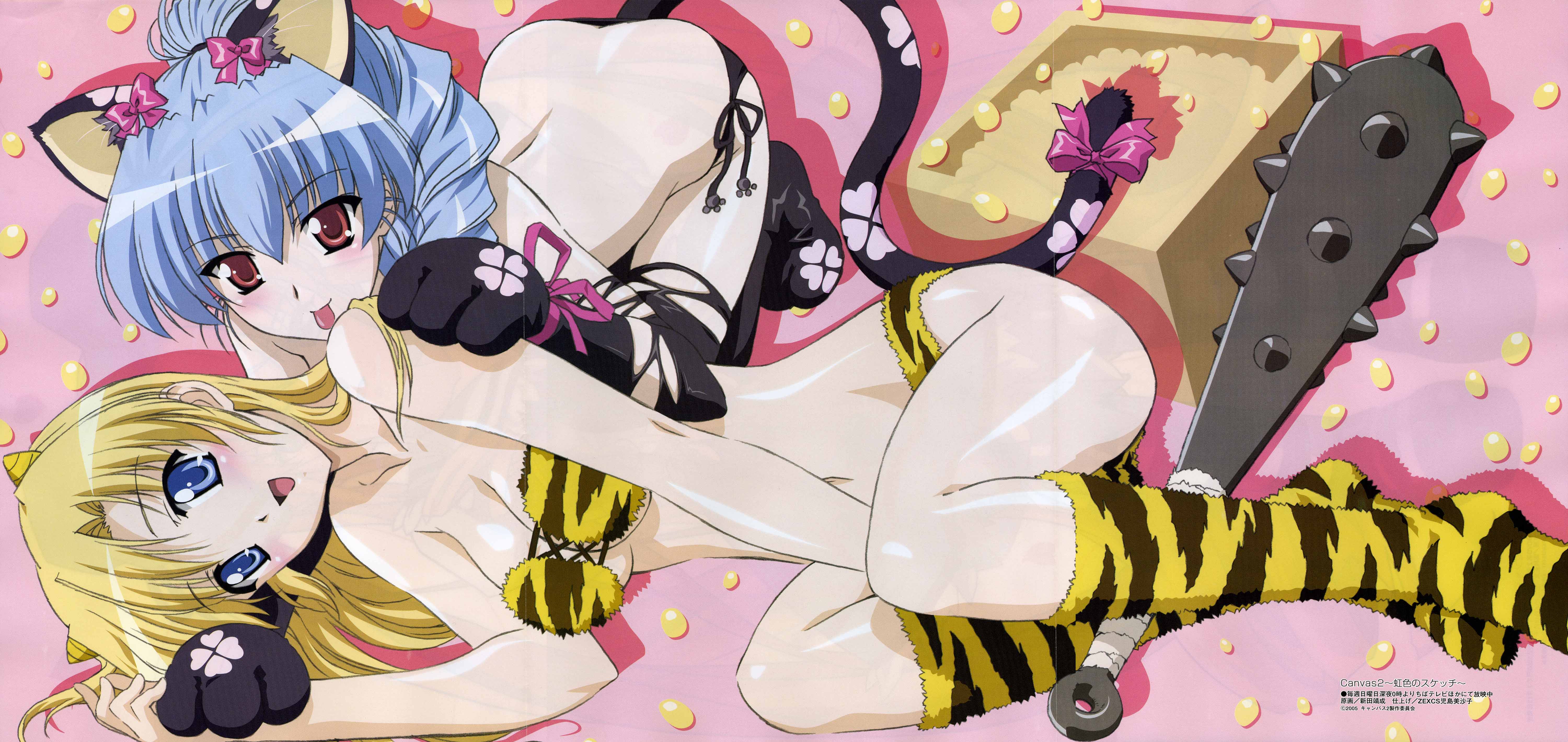nitta yasunari, fujinami tomoko, housen elis, canvas (cocktail soft), canvas 2, striped legwear, absurdres, highres, 00s, 2girls, :p, animal ears, animal hands, animal print, back, bandeau, bikini, black socks, blonde hair, blue eyes, blue hair, braid, breasts, butt crack, cat ears, cat tail, cleavage, club, club (weapon), hair ribbon, horns, kanabou, kneehighs, lowleg, lowleg bikini, lying, multiple girls, navel, panties, ponytail, red eyes, ribbon, side-tie bikini bottom, side-tie panties, single braid, small breasts, socks, strapless, swimsuit, tail, thighhighs, tiger print, tongue, tongue out, torn clothes, tube top, underwear, weapon