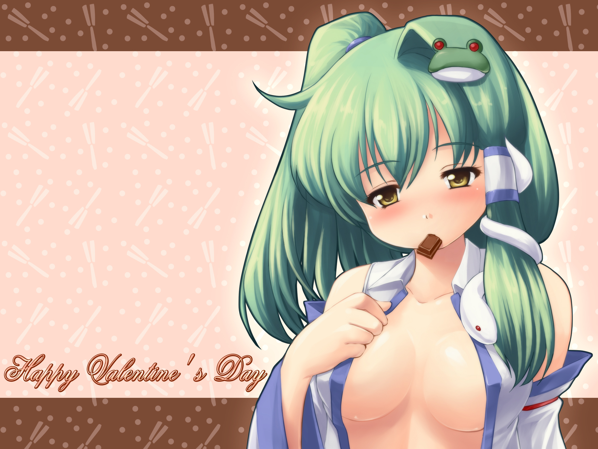 tdk, kochiya sanae, touhou, highres, 1girl, breasts, chocolate, cleavage, female focus, happy valentine, open clothes, open shirt, shirt, solo, valentine