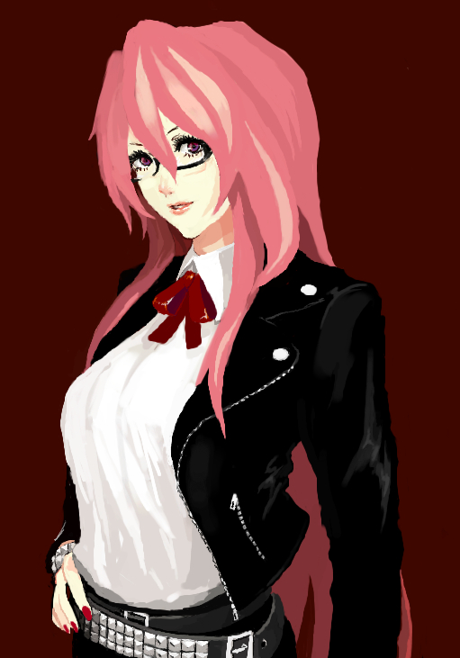 ego system, takara miyuki, lucky star, bad id, bad pixiv id, 00s, 1girl, aged up, belt, breasts, female focus, glasses, large breasts, lipstick, long hair, makeup, pink hair, ribbon, solo