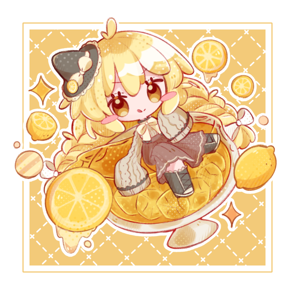 inukkomaru, kirisame marisa, touhou, 1girl, apron, blonde hair, boots, bow, braid, chibi, cup, drinking glass, food, fruit, hair bow, hat, hat bow, lemon, lemon slice, long hair, side braid, single braid, skirt, solo, star (symbol), waist apron, white bow, wide sleeves, witch hat, yellow eyes
