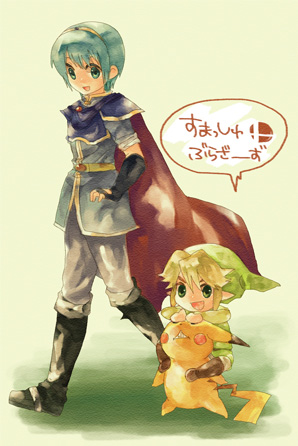 link, marth (fire emblem), pikachu, toon link, fire emblem, fire emblem: mystery of the emblem, nintendo, pokemon, super smash bros., the legend of zelda, lowres, 2boys, aqua eyes, aqua hair, blonde hair, blue eyes, blue hair, cape, gen 1 pokemon, gloves, multiple boys, pointy ears, pokemon (creature), smile, speech bubble, tail, tiara, walking