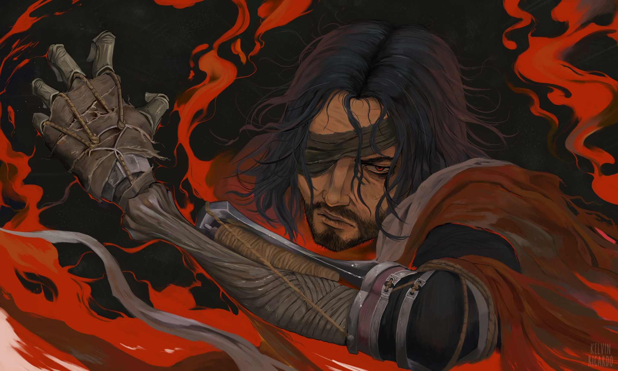 kelvin ricardo, sekiro: shadows die twice, highres, 1boy, amputee, bandages, beard stubble, black hair, closed mouth, eyepatch, facial hair, hakama, hakama pants, japanese clothes, kimono, medium hair, messy hair, ninja, one eye covered, pants, prosthesis, prosthetic arm, red eyes, shura (sekiro), solo, stubble, torn clothes, torn coat