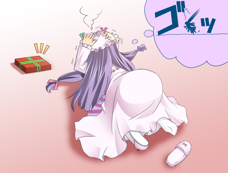 iganseijin, patchouli knowledge, touhou, bad id, bad pixiv id, 1girl, female focus, gift, hands on own head, hat, long hair, pain, purple hair, ribbon, slippers, solo, speech bubble, thought bubble, top-down bottom-up, trembling