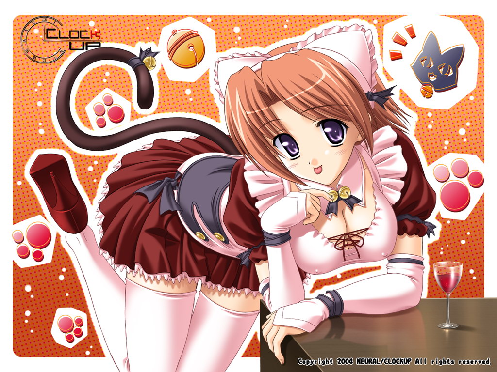 hoshino kasumi, clockup, 1girl, :p, animal ears, arm support, bell, breasts, cat, cat ears, cat tail, cleavage, collar, covered erect nipples, cup, detached collar, drinking glass, elbow gloves, female focus, gloves, high heels, large breasts, neck bell, purple eyes, ribbon, shoes, solo, tail, thighhighs, tongue, tongue out, waitress, white thighhighs, wine glass, zettai ryouiki