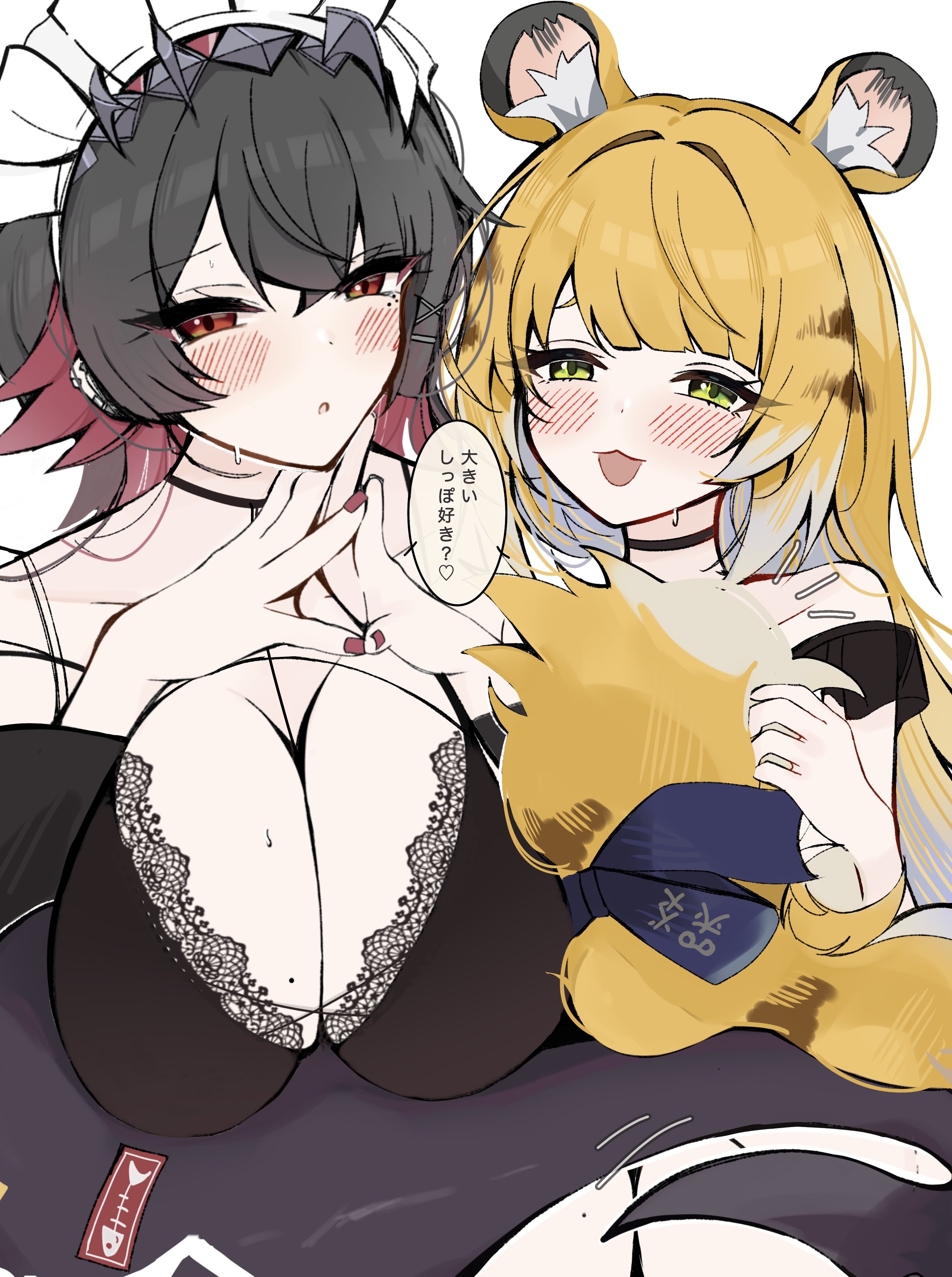 hayato hoshi604, ellen joe, ju fufu, zenless zone zero, absurdres, commentary request, highres, 2girls, :3, animal ear fluff, animal ears, bare shoulders, black bra, black hair, black sleeves, blonde hair, blush, bow, bra, breasts, choker, colored inner hair, earrings, fins, fish tail, green eyes, hair between eyes, hairband, jewelry, large breasts, long hair, looking at viewer, maid headdress, metal hairband, mole, mole on breast, mole under eye, multicolored hair, multiple girls, open mouth, orange fur, razor blade hair ornament, red eyes, red nails, shark girl, shark tail, short hair, simple background, speech bubble, spiked headband, sticker, striped fur, striped hair, sweat, tail, tail bow, tail ornament, tiger ears, tiger girl, tiger stripes, tiger tail, underwear, white background