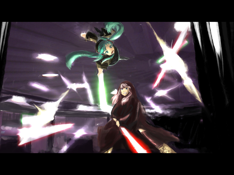 yuzmit, hatsune miku, megurine luka, star wars, vocaloid, aqua eyes, aqua hair, blue eyes, energy sword, jumping, lightsaber, parody, pink hair, sword, twintails, weapon