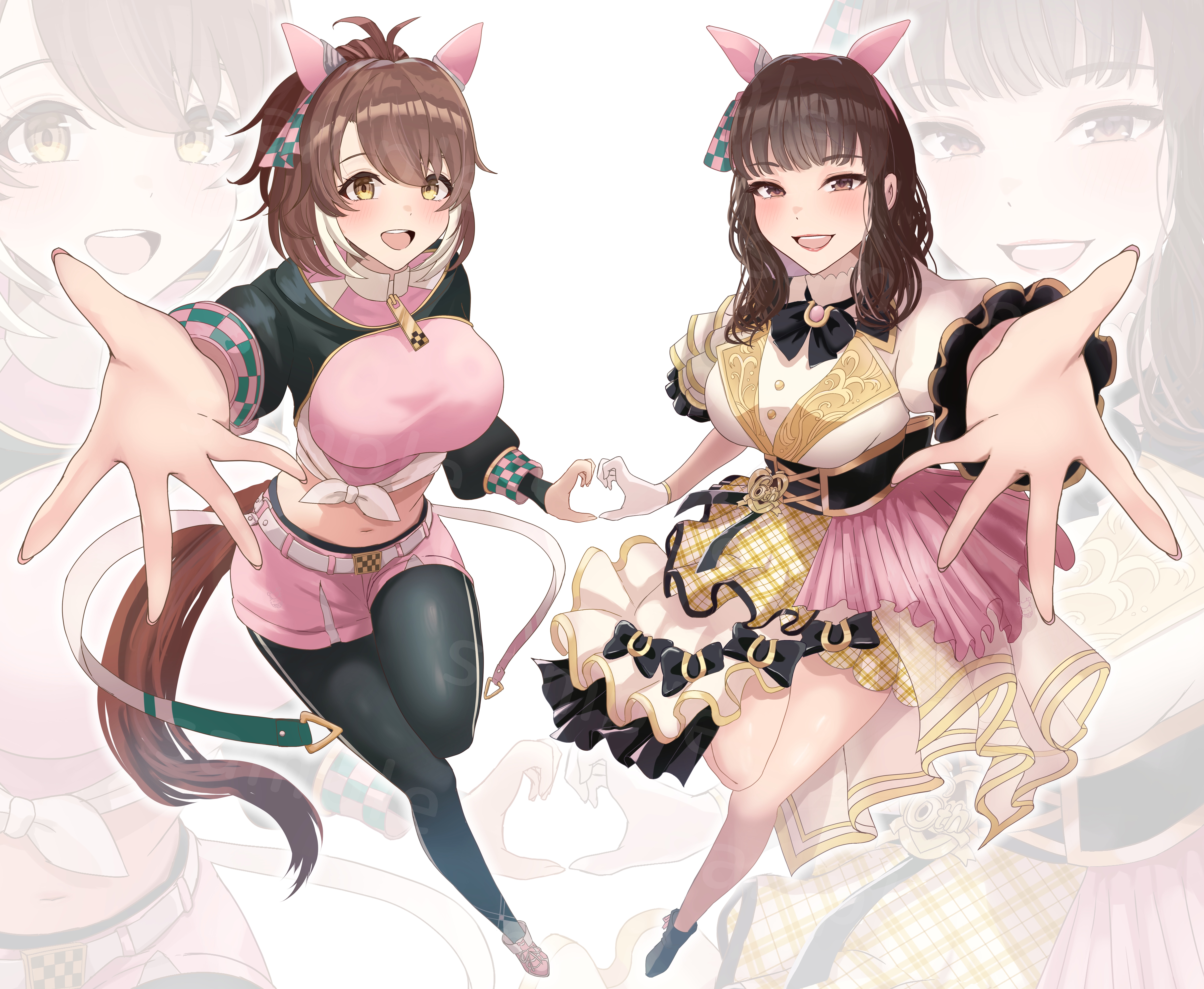 kaniitama, dantsu flame (umamusume), real life, umamusume, absurdres, commentary request, highres, 2girls, black corset, blush, boots, breasts, brown eyes, brown hair, corset, cropped shirt, ear covers, fukushima haruna, green boots, green pantyhose, heart, heart hands, heart hands duo, jacket, large breasts, long hair, multiple girls, navel, open mouth, pantyhose, pink shirt, pink shoes, pink shorts, ponytail, reaching, reaching towards viewer, shirt, shoes, shorts, skirt, stomach, voice actor, voice actor connection, white jacket, white shirt, yellow eyes, yellow skirt, zoom layer