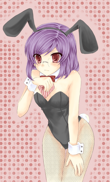 kumaneko nagisa, tieria erde, gundam, gundam 00, 00s, 1girl, animal ears, between breasts, box, breasts, chocolate, fake animal ears, female focus, fishnet pantyhose, fishnets, flat chest, genderswap, genderswap (mtf), leaning forward, pantyhose, playboy bunny, purple hair, rabbit ears, red eyes, short hair, solo, valentine