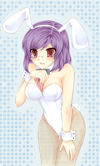 kumaneko nagisa, tieria erde, gundam, gundam 00, bad id, bad pixiv id, 00s, 1girl, animal ears, between breasts, box, breasts, chocolate, fake animal ears, female focus, fishnet pantyhose, fishnets, genderswap, genderswap (mtf), glasses, leaning forward, medium breasts, pantyhose, playboy bunny, purple hair, rabbit ears, red eyes, short hair, solo, valentine