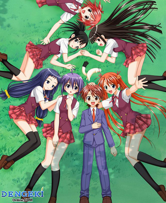 albert chamomille, ayase yue, chamo, kagurazaka asuna, konoe konoka, miyazaki nodoka, negi springfield, sakurazaki setsuna, sasaki makie, mahou sensei negima!, non-web source, 00s, 1boy, 6+girls, bell, circle formation, ermine, from above, grass, hair bell, hair ornament, lying, multiple girls, school uniform, teenage girl and younger boy, thighhighs, weasel