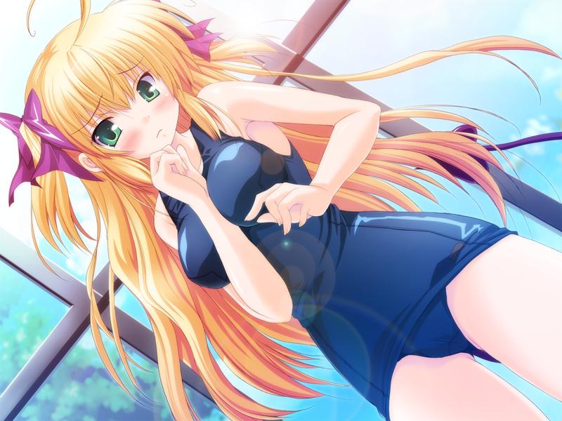 maruchan., ilgit nightmare, mare mare mare, game cg, jpeg artifacts, 1girl, ahoge, armpits, between breasts, blonde hair, blush, bow, breasts, dutch angle, embarrassed, female focus, fingernails, frown, green eyes, hair bow, large breasts, long fingernails, long hair, one-piece swimsuit, school swimsuit, shiny clothes, short twintails, solo, standing, swimsuit, twintails, two side up, very long hair, window