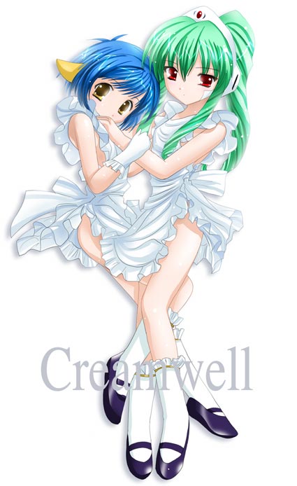 mint blancmanche, vanilla h, galaxy angel, non-web source, 00s, 2girls, animal ears, apron, blue hair, drill hair, frills, gloves, green hair, headgear, long hair, mary janes, multiple girls, naked apron, ponytail, red eyes, robot ears, shoes, short hair, socks, yellow eyes