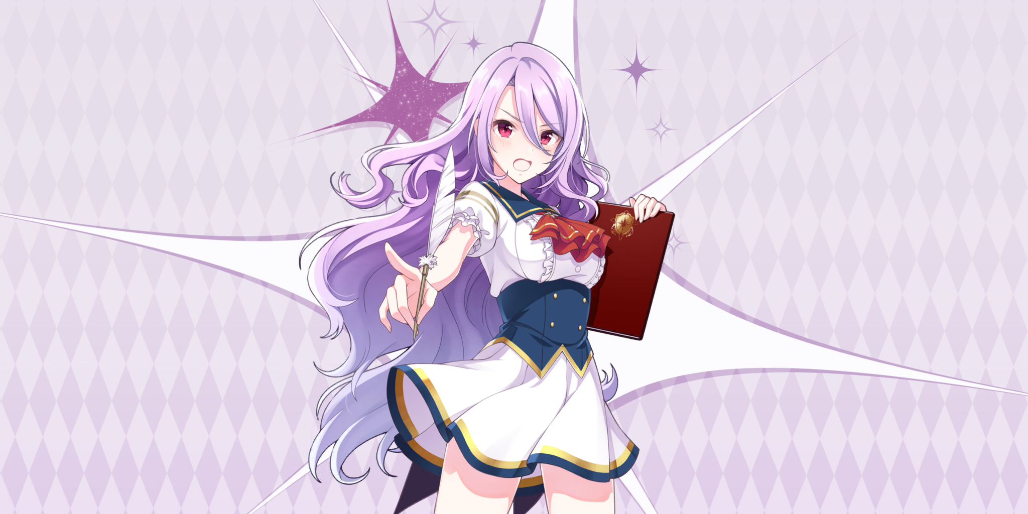 emilia (lapis re:lights), lapis re:lights, game cg, highres, official art, third-party source, 1girl, argyle background, blue corset, blue sailor collar, blush, breasts, buttons, corset, cowboy shot, dot nose, double-breasted, dress, feathers, hair between eyes, holding, holding quill, large breasts, long hair, looking at viewer, open mouth, outstretched arm, pointing, pointing at viewer, purple background, purple hair, quill, red eyes, sailor collar, short sleeves, skirt, solo, sparkle background, underbust, very long hair, white dress, white feathers, white skirt