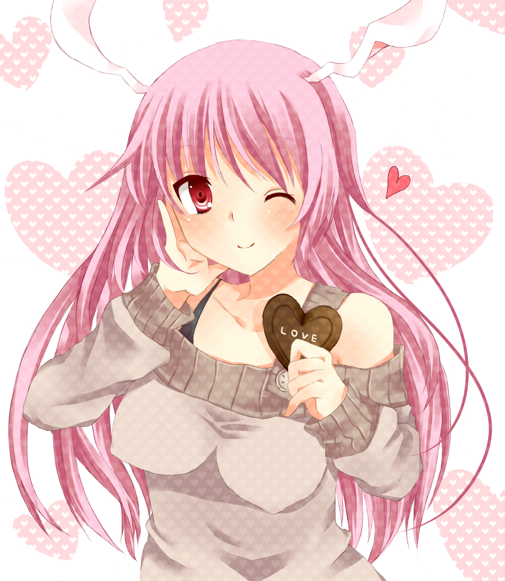oumiya sakura, sakuranchu, reisen udongein inaba, touhou, bad id, bad pixiv id, 1girl, alternate costume, animal ears, bare shoulders, blush, breasts, chocolate, covered erect nipples, female focus, heart, impossible clothes, impossible shirt, impossible sweater, long hair, looking at viewer, nipples, one eye closed, purple hair, rabbit ears, red eyes, shirt, solo, sweater, valentine, wink