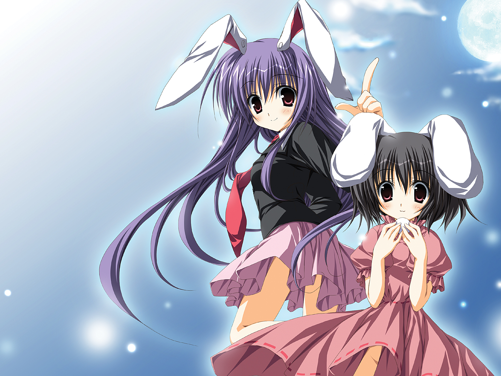 korie riko, inaba tewi, reisen udongein inaba, touhou, highres, 2girls, :3, animal ears, brown hair, cloud, female focus, multiple girls, necktie, outdoors, purple hair, rabbit ears, sky, smile, standing