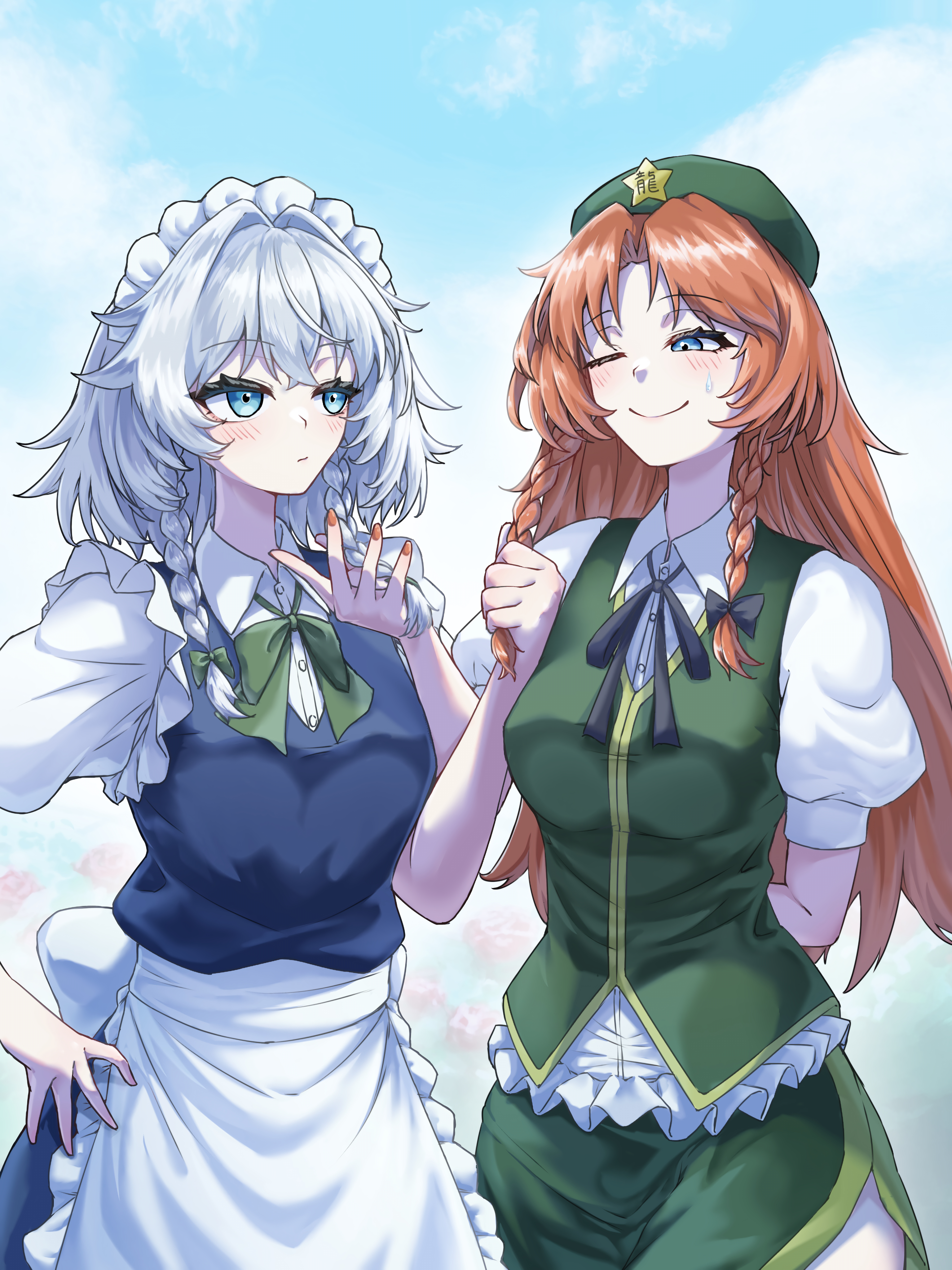 tenx2 1341, hong meiling, izayoi sakuya, touhou, absurdres, commentary, highres, 2girls, :|, ;), apron, arm behind back, black bow, black ribbon, blue dress, blue eyes, blush, bow, bowtie, braid, braided sidelock, breasts, closed mouth, curtained hair, dress, eye contact, fingernails, frilled apron, frilled shirt, frills, green bow, green bowtie, green hat, green skirt, green vest, grey hair, hair bow, hair intakes, hat, hat ornament, holding another's hair, long hair, looking at another, maid, maid apron, maid headdress, medium breasts, multiple girls, nail polish, neck ribbon, one eye closed, orange hair, orange nails, outdoors, pinafore dress, ribbon, shirt, short hair, skirt, skirt set, sleeveless, sleeveless dress, smile, star (symbol), star hat ornament, straight hair, sweatdrop, twin braids, very long hair, vest, waist apron, white apron, white shirt, yuri