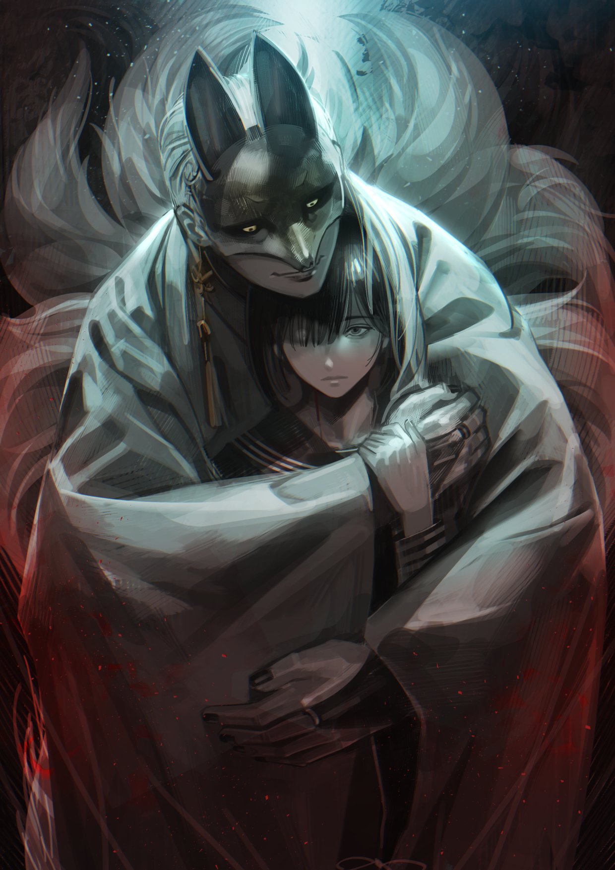 andersonkun765, fox mask (silent hill), shimizu hinako, silent hill (series), silent hill f, highres, 1boy, 1girl, black hair, black nails, black sailor collar, black sclera, black serafuku, black shirt, bridal gauntlets, colored sclera, couple, earrings, fox mask, hair over one eye, hair over shoulder, hetero, hug, hug from behind, japanese clothes, jewelry, mask, multiple tails, nail polish, robe, sailor collar, school uniform, serafuku, shirt, single earring, smile, tail, tassel, tassel earrings, upper body, white hair, white robe, yellow eyes