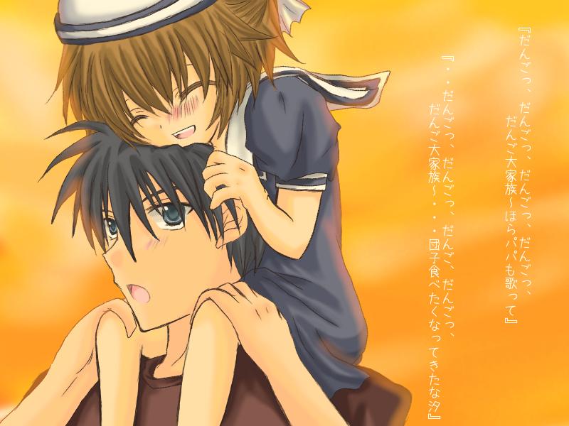 minami to uri to, okazaki tomoya, okazaki ushio, clannad, bad id, bad pixiv id, translation request, 00s, 1boy, 1girl, age difference, blue eyes, blue hair, blush, brown hair, carrying, child, closed eyes, dixie cup hat, family, father and daughter, hat, military hat, sailor collar, short hair, shoulder carry, text focus
