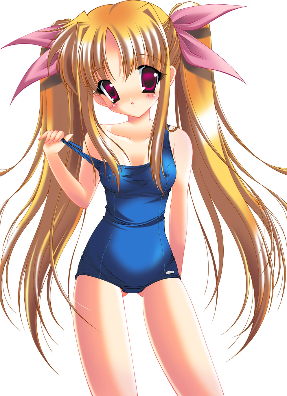 mizuki chika, fate testarossa, lyrical nanoha, mahou shoujo lyrical nanoha, mahou shoujo lyrical nanoha a's, bad id, bad pixiv id, highres, 00s, 1girl, blonde hair, breasts, clothes pull, covered erect nipples, female focus, long hair, looking at viewer, one-piece swimsuit, one-piece swimsuit pull, one-piece tan, pulling own clothes, red eyes, school swimsuit, simple background, small breasts, solo, standing, swimsuit, tan, tanline, twintails, white background