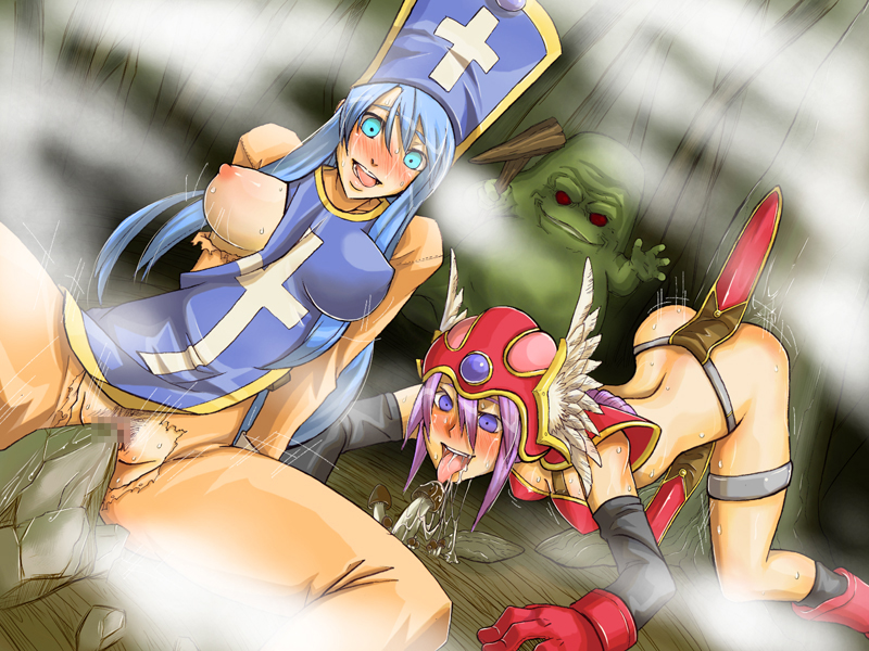 shindol, priest (dq3), warrior (dq3), chunsoft, dragon quest, dragon quest iii, enix, square enix, 2girls, armor, blush, censored, crotch rub, empty eyes, hypnosis, loincloth, masturbation, mind control, monster, motion lines, multiple girls, nun, priest, pussy juice, saliva, teeth, tongue, tongue out, torn clothes, trembling, upper teeth only, warrior