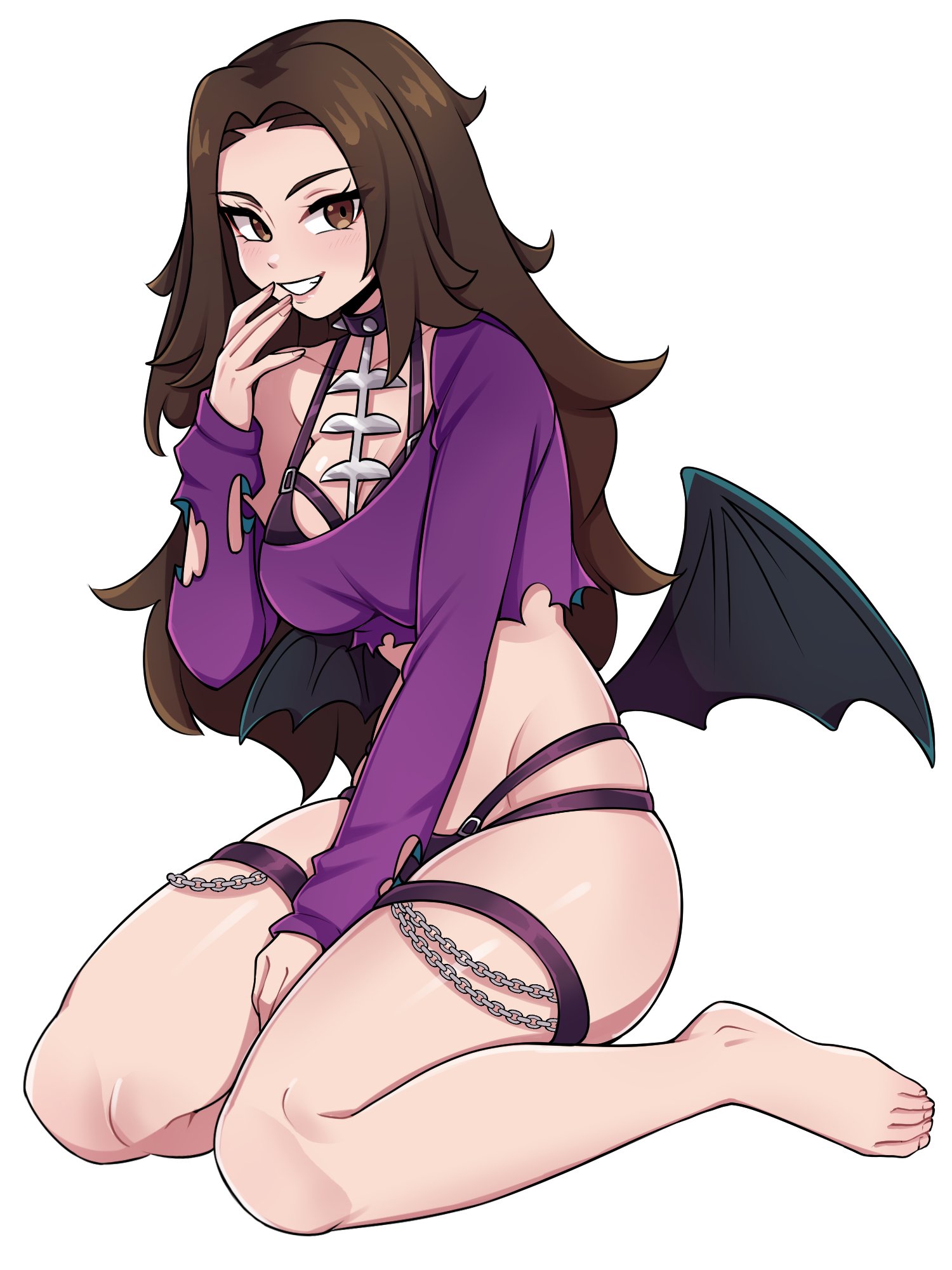 oninuer, original, commentary, commission, english commentary, highres, 1girl, barefoot, bat wings, black choker, bra, breasts, brown eyes, brown hair, choker, feet, full body, hand to own mouth, hand up, long hair, long sleeves, looking at viewer, medium breasts, multi-strapped panties, panties, purple bra, purple panties, purple shirt, shirt, simple background, sitting, smile, solo, thigh strap, thighs, toes, torn clothes, torn shirt, underwear, wariza, white background, wings