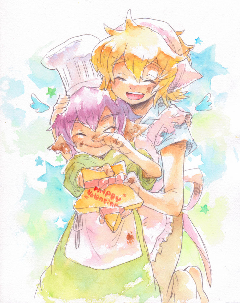 mihoka, toto, bud (lom), toto (lom), legend of mana, seiken densetsu, painting (medium), traditional media, watercolor (medium), 2boys, apron, blonde hair, chef hat, hat, multiple boys, purple hair, valentine