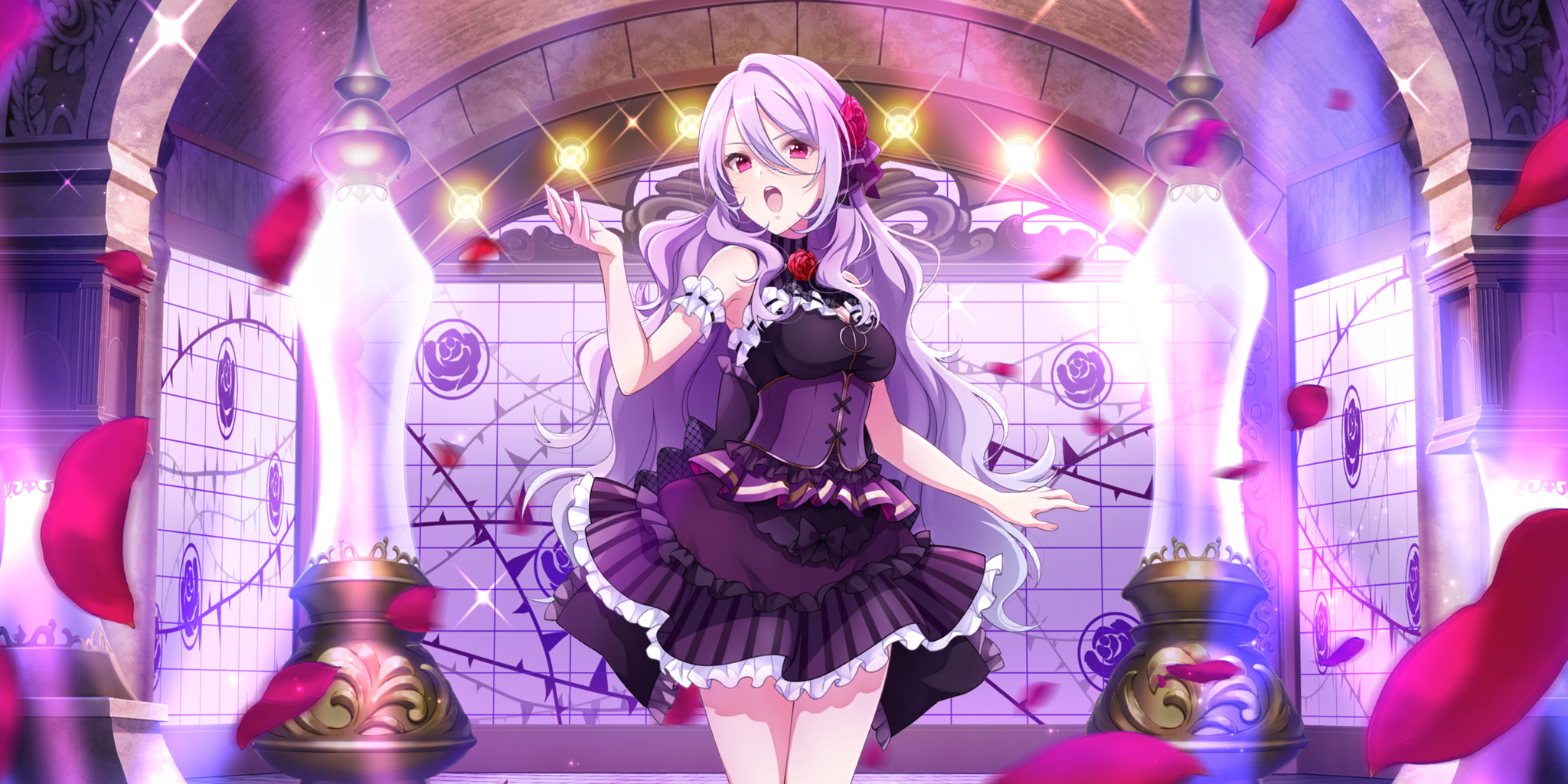 emilia (lapis re:lights), lapis re:lights, game cg, highres, official art, third-party source, 1girl, arch, arm garter, bare shoulders, breasts, brick, cleavage, cleavage cutout, clothing cutout, corset, cowboy shot, dot nose, dress, falling petals, flower, frilled skirt, frills, hair between eyes, hair flower, hair ornament, hand up, idol, idol clothes, long hair, medium breasts, neck flower, open mouth, petals, purple corset, purple dress, purple hair, purple skirt, red flower, red petals, red rose, rose, skirt, sleeveless, sleeveless dress, solo, stage, stage lights, striped clothes, striped skirt, teeth, tile wall, tiles, underbust, upper teeth only, vertical-striped clothes, vertical-striped skirt, very long hair
