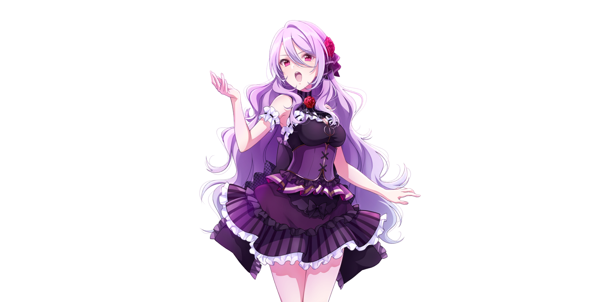 emilia (lapis re:lights), lapis re:lights, game cg, highres, official art, third-party source, 1girl, arm garter, bare shoulders, breasts, cleavage, cleavage cutout, clothing cutout, corset, cowboy shot, dot nose, dress, flower, frilled skirt, frills, hair between eyes, hair flower, hair ornament, hand up, idol, idol clothes, long hair, medium breasts, neck flower, open mouth, purple corset, purple dress, purple hair, purple skirt, red flower, red rose, rose, simple background, skirt, sleeveless, sleeveless dress, solo, striped clothes, striped skirt, teeth, transparent background, underbust, upper teeth only, vertical-striped clothes, vertical-striped skirt, very long hair
