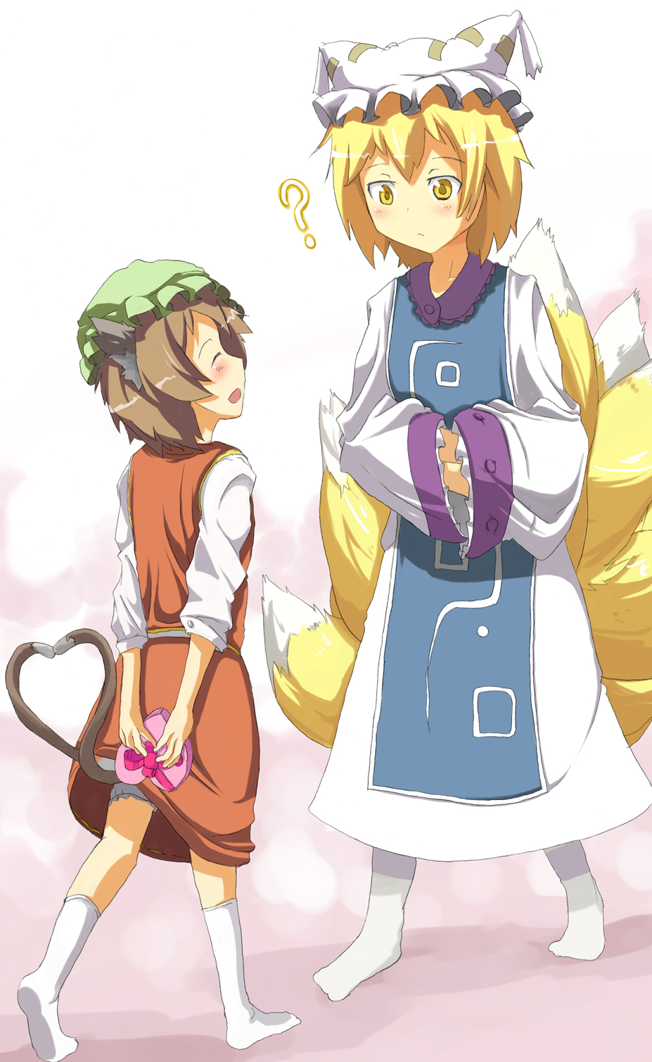 ratsuparu, chen, yakumo ran, touhou, white legwear, bad id, bad pixiv id, highres, 2girls, ?, animal ears, animal hat, blonde hair, blush, brown hair, cat ears, cat girl, cat tail, chocolate, closed eyes, female focus, fox tail, gift, hands in opposite sleeves, hat, heart, heart tail, long sleeves, mob cap, multiple girls, multiple tails, no shoes, short hair, smile, socks, tail, tassel, valentine, white background, wide sleeves