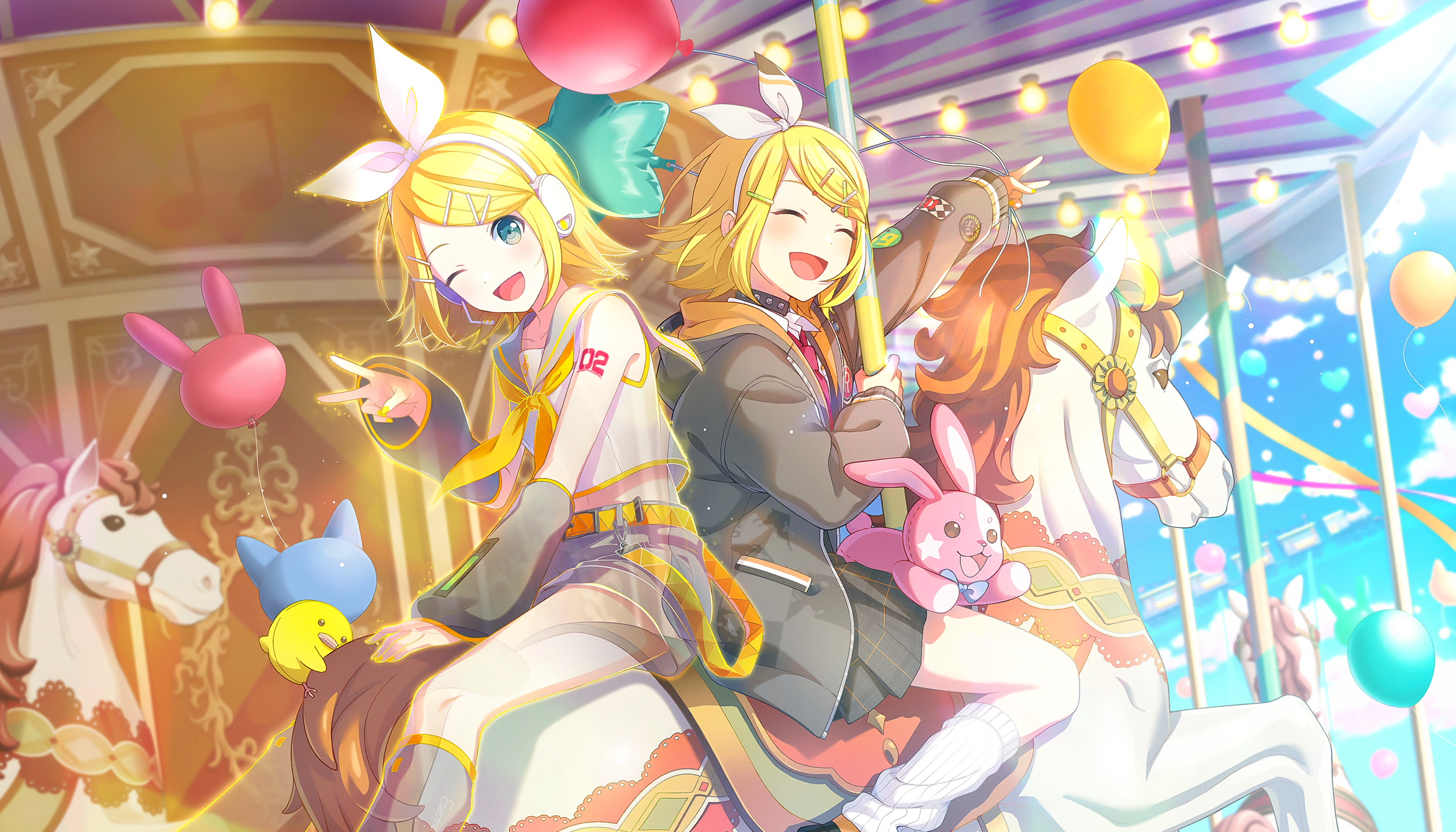 colorful palette, kagamine rin, leo/need rin, project sekai, vocaloid, game cg, highres, official art, third-party source, 2girls, :d, ;d, ^ ^, animal balloon, aqua eyes, arm tattoo, baby animal, belt, bird, black choker, black jacket, blonde hair, blush, bow, bow hairband, carousel, chick, choker, closed eyes, collared shirt, detached sleeves, dual persona, grey sailor collar, grey shorts, grey skirt, grey sleeves, hair ornament, hairband, hairclip, headset, heart, hood, hooded jacket, jacket, leg warmers, link the beats! (project sekai), long sleeves, multiple girls, neckerchief, necktie, number tattoo, one eye closed, open mouth, pink necktie, plaid clothes, plaid skirt, pleated skirt, rabbit, sailor collar, shirt, shorts, sitting, skirt, sleeveless, sleeveless shirt, smile, star (symbol), tattoo, v, white bow, white hairband, white leg warmers, white shirt, x hair ornament, yellow belt, yellow neckerchief