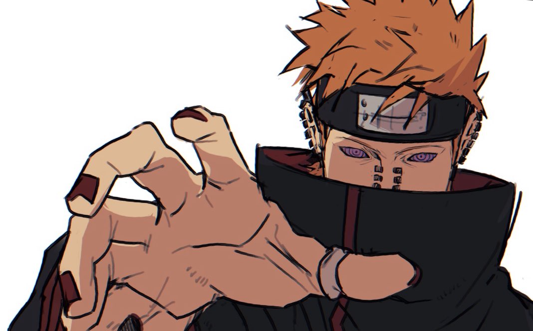 pain (naruto), naruto (series), naruto shippuuden, 1boy, akatsuki uniform, black nails, covered mouth, douchi xo, ear piercing, earrings, face piercing, fingernails, forehead protector, jewelry, male focus, multiple earrings, nose piercing, orange hair, piercing, purple eyes, reaching, reaching towards viewer, ringed eyes, short hair, simple background, solo, spiked hair, upper body, white background
