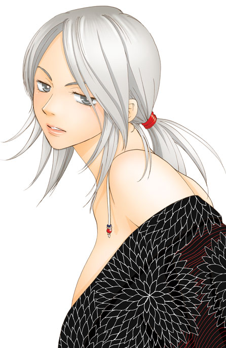 silver hair, tagme, 1girl, bare shoulders, female focus, ponytail, solo