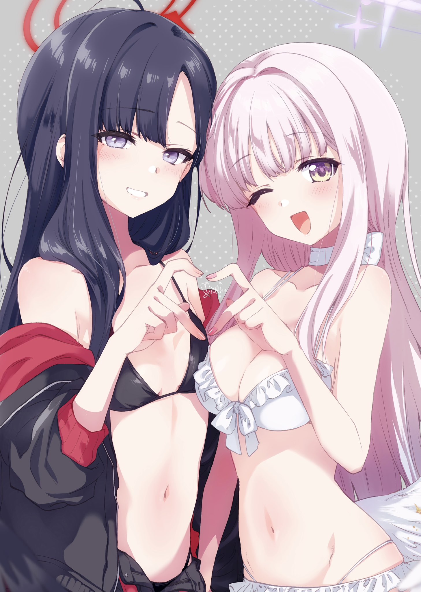 kuroi mimei, ichika (blue archive), ichika (swimsuit) (blue archive), mika (blue archive), mika (swimsuit) (blue archive), blue archive, commentary request, highres, 2girls, :d, ;d, ahoge, asymmetrical docking, bare shoulders, bikini, black bikini, black hair, black jacket, black wings, blunt bangs, blush, breast press, breasts, choker, collarbone, cowboy shot, eyelashes, four-finger heart hands, frilled bikini, frills, grey background, grey eyes, grin, hair down, hair intakes, halo, halterneck, hand up, heart, heart hands, heart hands duo, jacket, jacket partially removed, large breasts, long hair, long sleeves, looking at viewer, low wings, multiple girls, nail polish, navel, official alternate costume, official alternate hairstyle, one eye closed, open clothes, open jacket, open mouth, pink hair, pink halo, pink nails, red halo, simple background, small breasts, smile, stomach, straight hair, swimsuit, tsurime, unusually open eyes, very long hair, white bikini, white choker, white wings, wings, yellow eyes