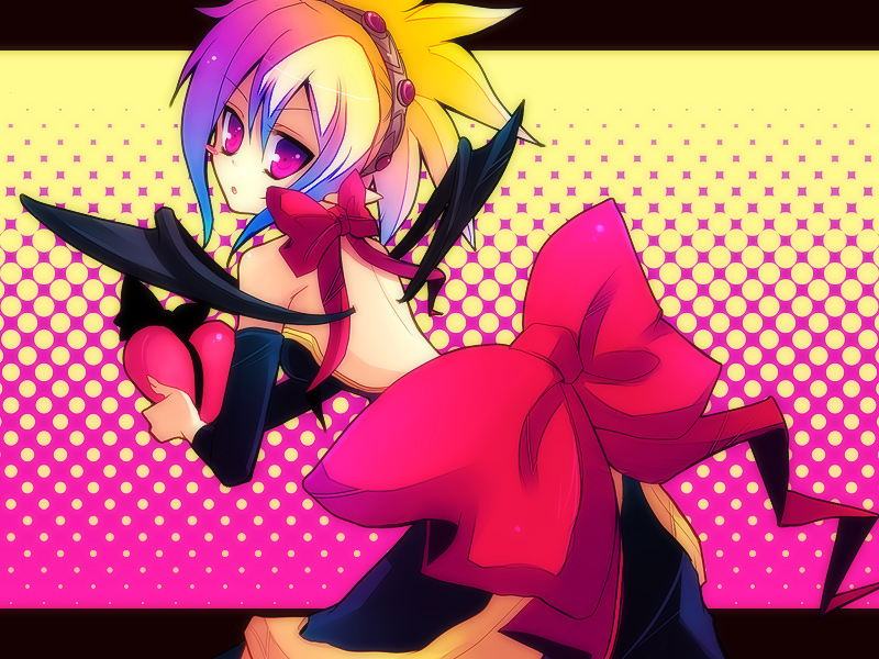 milano, rozalin, disgaea, makai senki disgaea 2, 1girl, back, backless dress, backless outfit, bare back, bat wings, blonde hair, dress, female focus, heart, ribbon, solo, wings