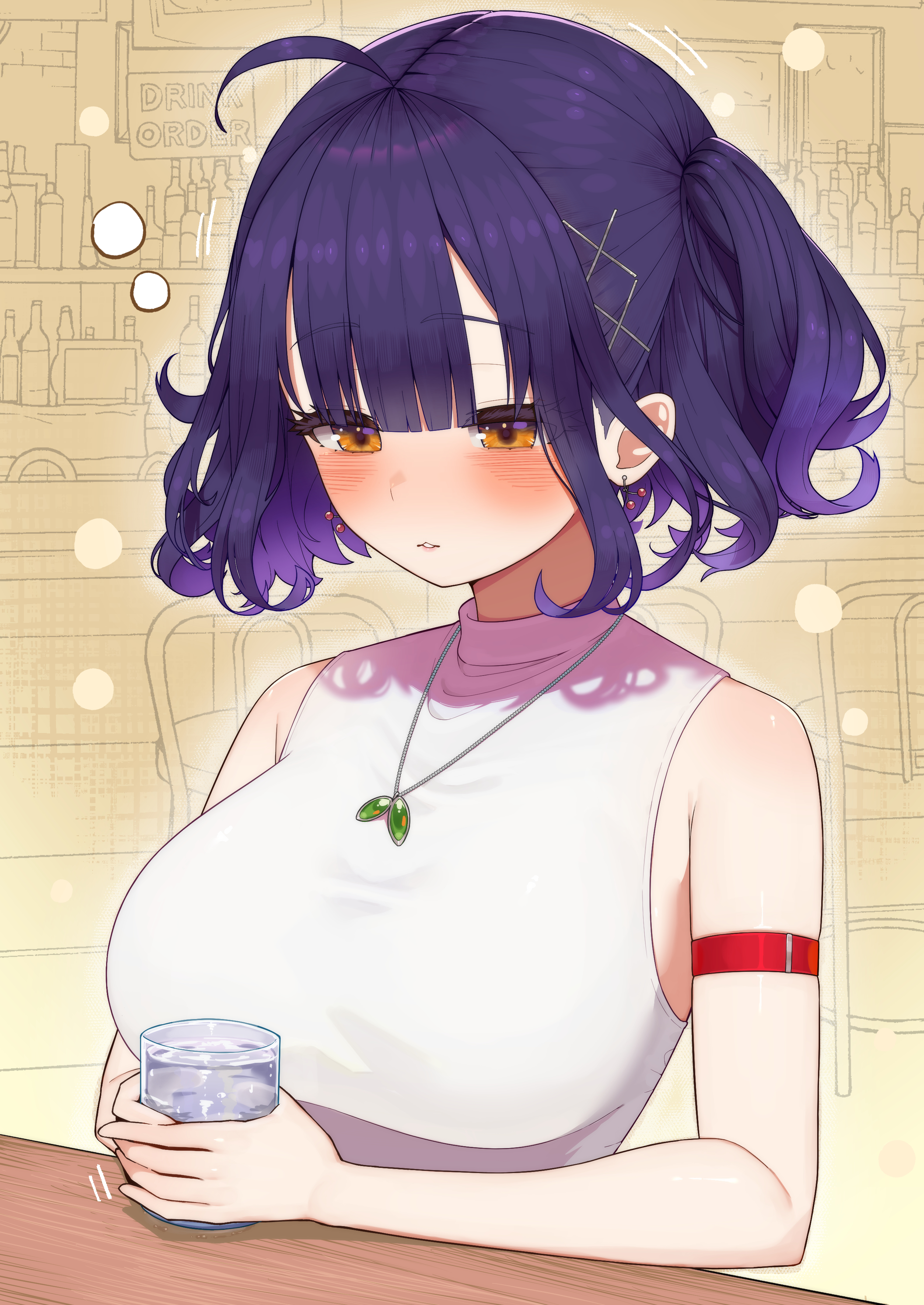lunch boxer, nanase suzuna, nanase suzuna (2nd costume), nijisanji, absurdres, highres, 1girl, ahoge, alcohol, arm strap, bar (place), blunt bangs, blush, bottle, breasts, chair, cherry earrings, cup, drunk, earrings, english text, food-themed earrings, food themed earrings, holding, holding cup, indoors, jewelry, large breasts, necklace, orange eyes, parted lips, purple hair, shirt, short hair, sleeveless, sleeveless shirt, sleeveless turtleneck, solo, squeans, turtleneck, two side up, upper body, virtual youtuber, white shirt