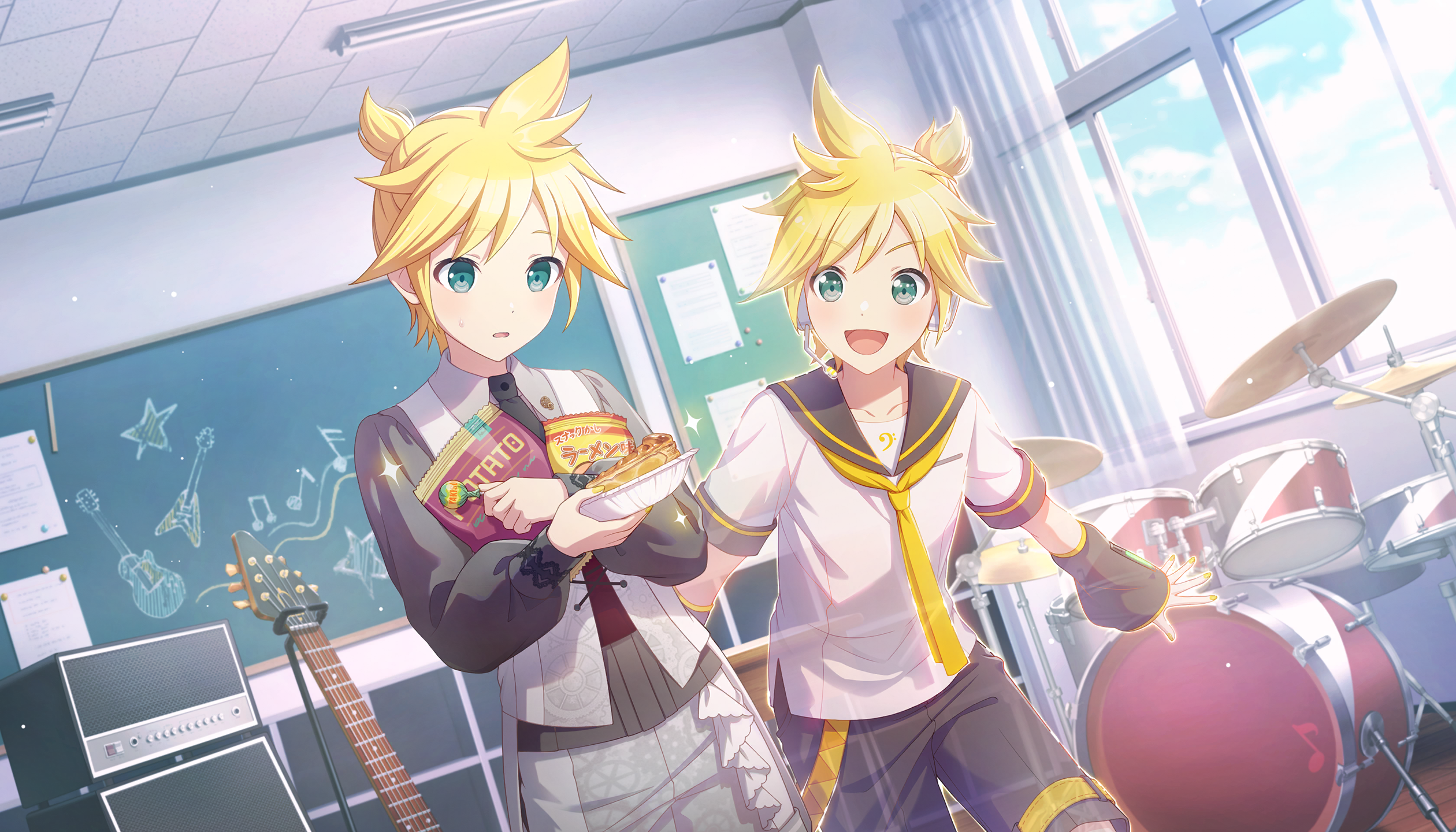 colorful palette, 25-ji len, kagamine len, project sekai, vocaloid, game cg, highres, official art, third-party source, 2boys, :d, amplifier, aqua eyes, bass clef, bass guitar, black necktie, black sailor collar, black shorts, black sleeves, blonde hair, blush, candy, chalkboard, chips (food), cloud, collared shirt, curtains, detached sleeves, drum, drum set, dual persona, food, grey pants, grey shirt, grey vest, headset, holding, holding candy, holding food, holding lollipop, instrument, link the beats! (project sekai), lollipop, long sleeves, male focus, multiple boys, necktie, open mouth, pants, paper, potato chips, sailor collar, shirt, shorts, smile, spiked hair, star (symbol), tongue, vest, white shirt, window, yellow necktie