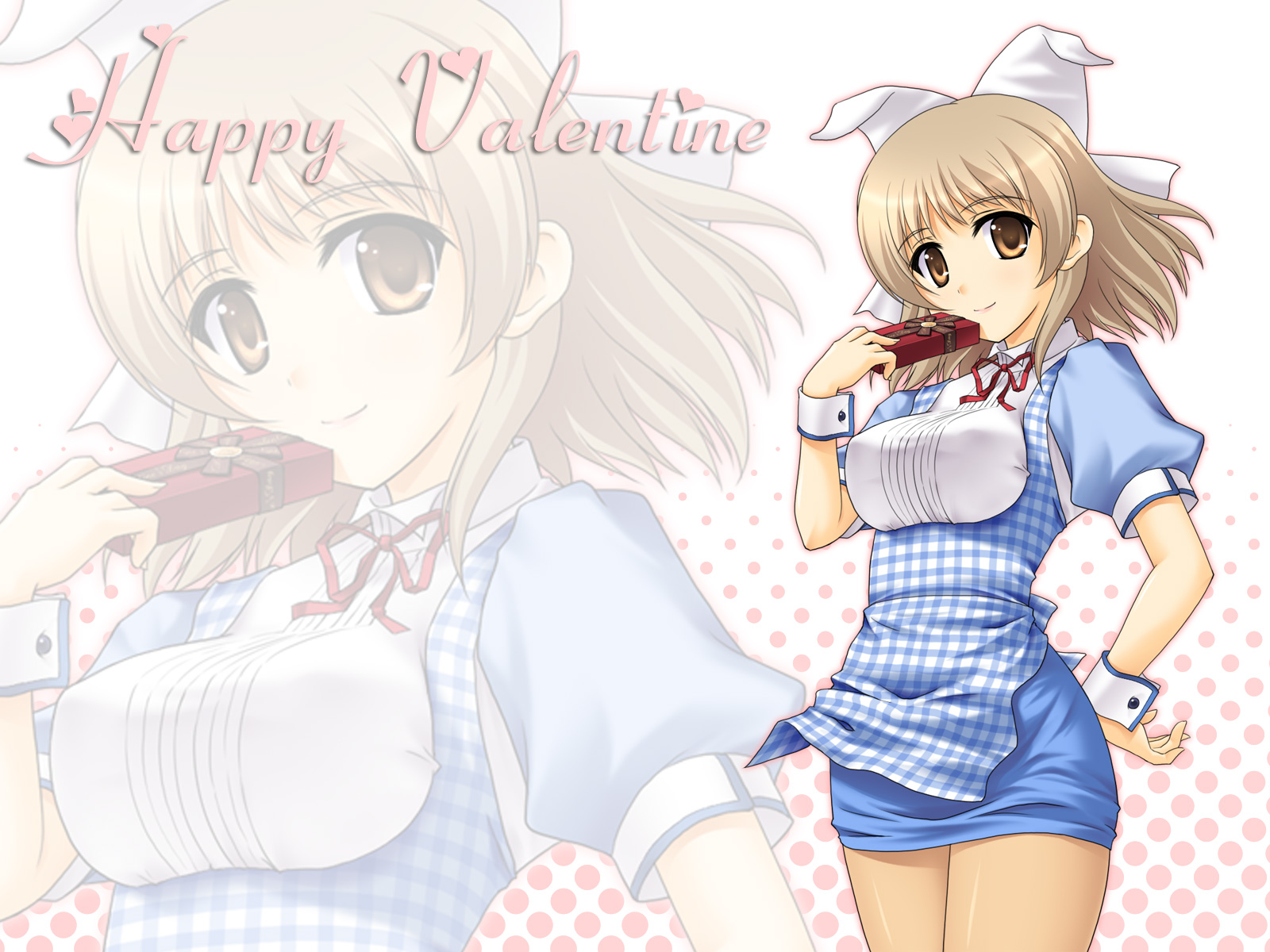 masakichi (crossroad), amatsuka hotaru, baby princess, highres, 10s, 1girl, apron, blonde hair, brown eyes, brown hair, chocolate, dress, female focus, hair ornament, happy valentine, kobeya uniform, pantyhose, plaid apron, plaid clothes, ribbon, short dress, short hair, smile, solo, standing, valentine, waitress, wrist cuffs, zoom layer