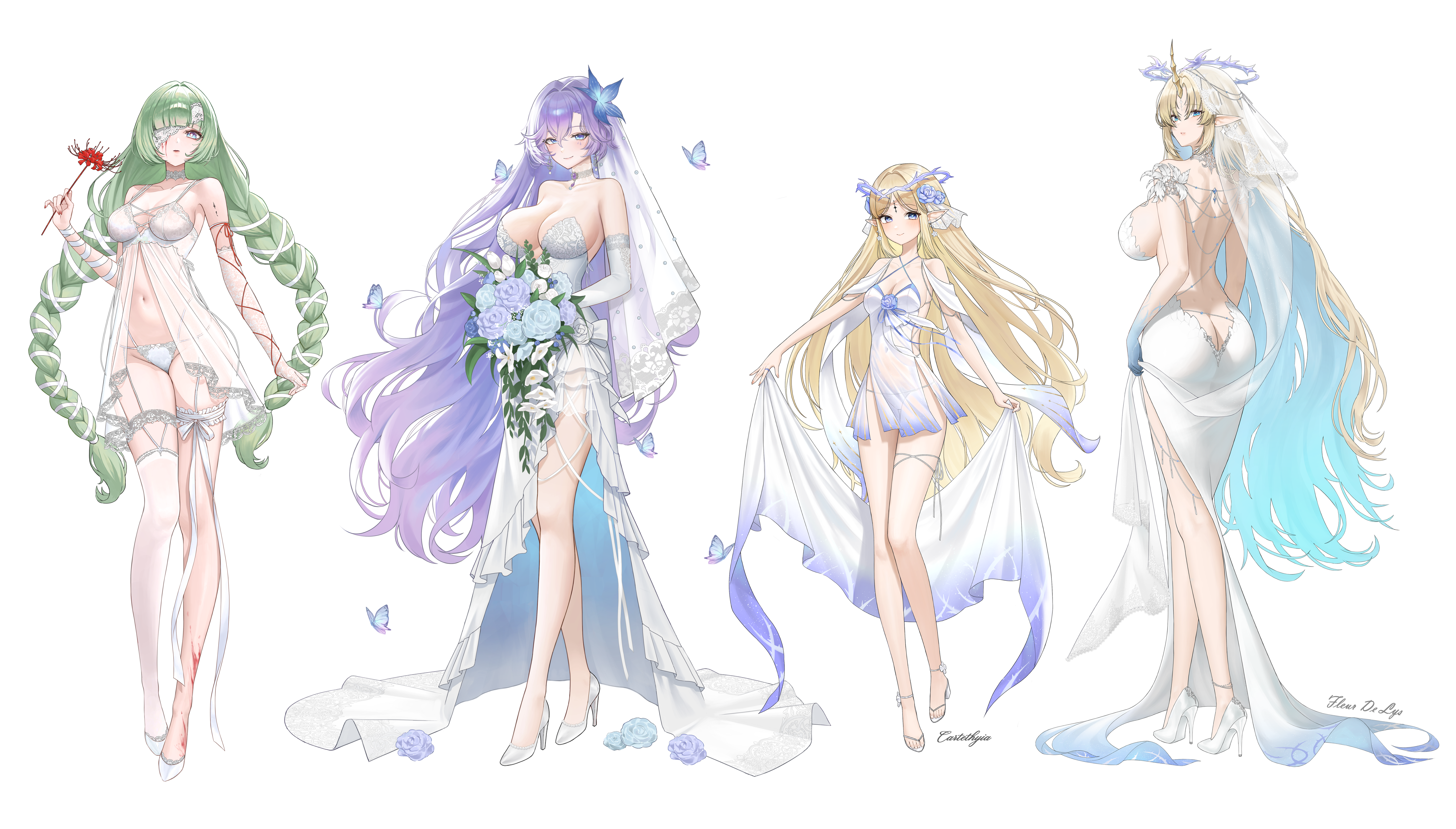 dang geun23283, cantarella (wuthering waves), cartethyia (wuthering waves), fleurdelys (wuthering waves), phrolova (wuthering waves), wuthering waves, absurdres, commentary request, highres, korean commentary, 4girls, alternate costume, ass, babydoll, back, backless dress, backless outfit, bandage over one eye, bare back, bare shoulders, blonde hair, blue butterfly, blue eyes, blue flower, blue hair, blue hands, bouquet, braid, breasts, bridal lingerie, bridal veil, bug, butterfly, cleavage, closed mouth, colored extremities, colored inner hair, criss-cross halter, crown of thorns, dress, dual persona, elbow gloves, flower, gloves, grey eyes, grey hair, hair flower, hair ornament, halter dress, halterneck, high heels, holding, holding bouquet, holding flower, horns, huge breasts, insect, large breasts, lingerie, long dress, long hair, long horns, looking at viewer, low twin braids, median furrow, medium breasts, multicolored hair, multiple girls, navel, panties, parted bangs, parted lips, purple hair, shoes, simple background, single horn, single thighhigh, smile, spider lily, stomach, strapless, strapless dress, tacet mark (wuthering waves), thighhighs, thighs, twin braids, underwear, veil, very long hair, wedding dress, white babydoll, white background, white dress, white gloves, white panties, white shoes, white thighhighs, white veil, yellow horns