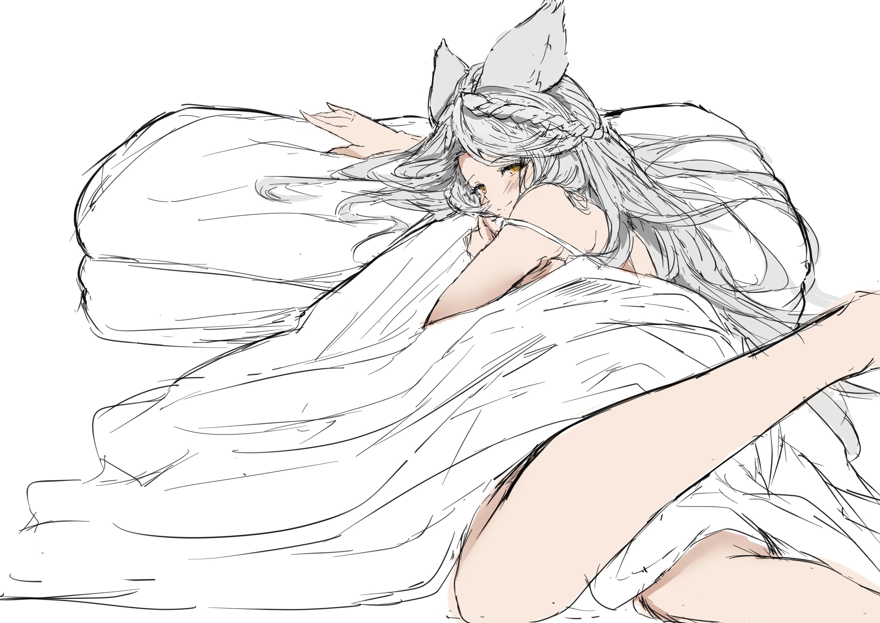 endakn3, original, 1girl, animal ears, bed sheet, bra strap, looking at viewer, looking back, lying, on stomach, pillow, sketch, smile, solo