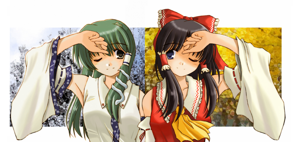 hana (hana mo arashi mo), hakurei reimu, kochiya sanae, touhou, 2girls, armpits, black hair, blue eyes, detached sleeves, female focus, green eyes, green hair, hair ribbon, japanese clothes, long hair, miko, multiple girls, ribbon, upper body, wink