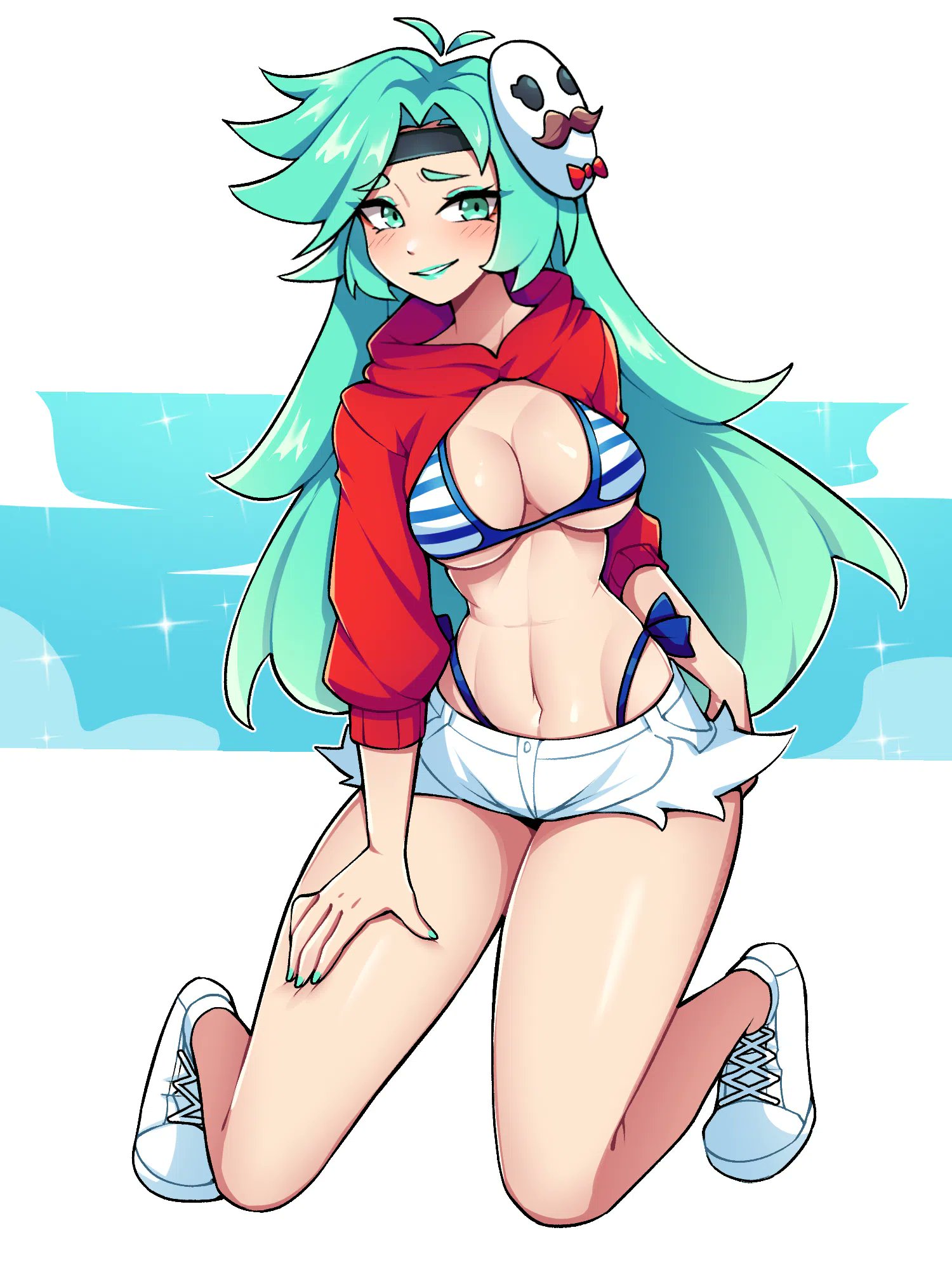 oninuer, original, pringles, commentary, commission, english commentary, highres, 1girl, aqua eyes, aqua hair, aqua lips, bikini, black headband, blue bikini, blush, breasts, cleavage, full body, hair ornament, hand on own leg, hand on own thigh, headband, hood, hood down, hooded shrug, large breasts, lipstick, long hair, long sleeves, looking at viewer, makeup, micro shorts, navel, parted lips, red shrug, shoes, shorts, shrug (clothing), smile, solo, stomach, striped bikini, striped clothes, swimsuit, white background, white shoes, white shorts