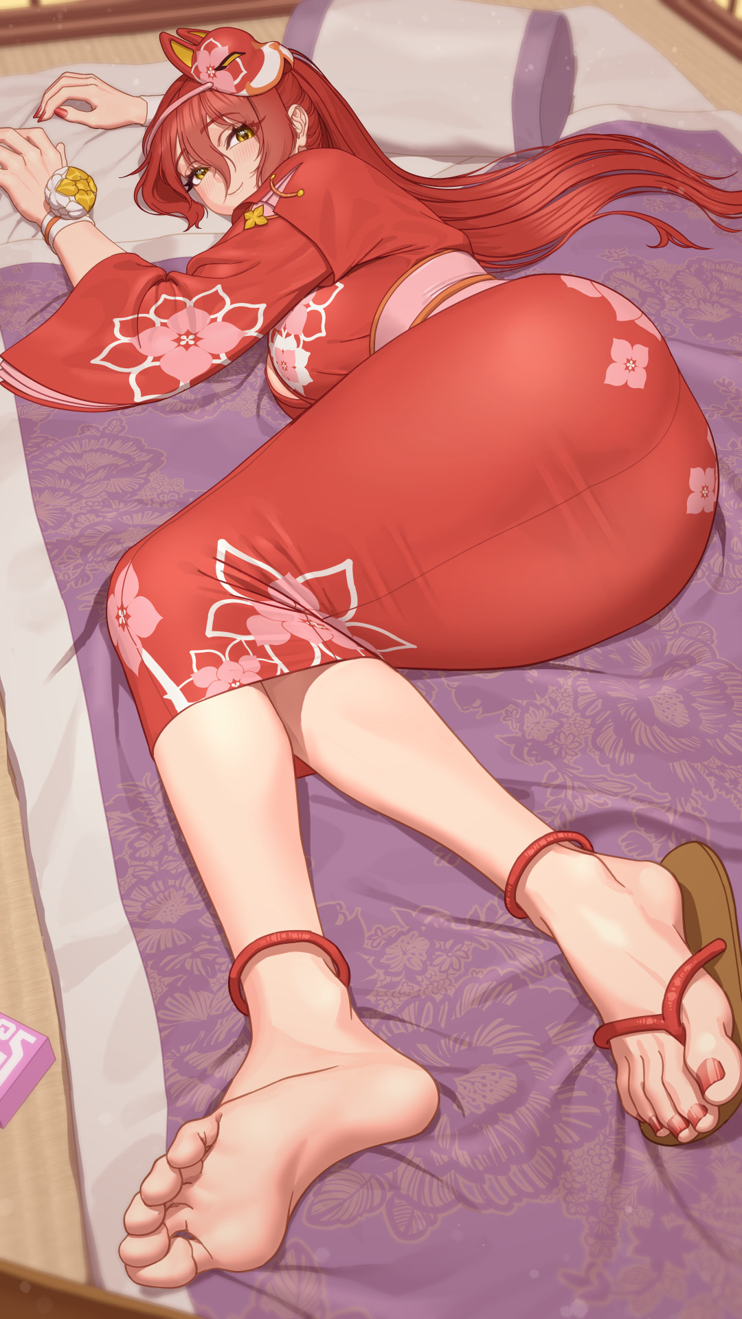 lyoung0j, highres, 1girl, barefoot, blush, feet, fox mask, geta, long hair, looking at viewer, lying, mask, on side, ponytail, red hair, shoes, single shoe, smile, soles, toes, yellow eyes