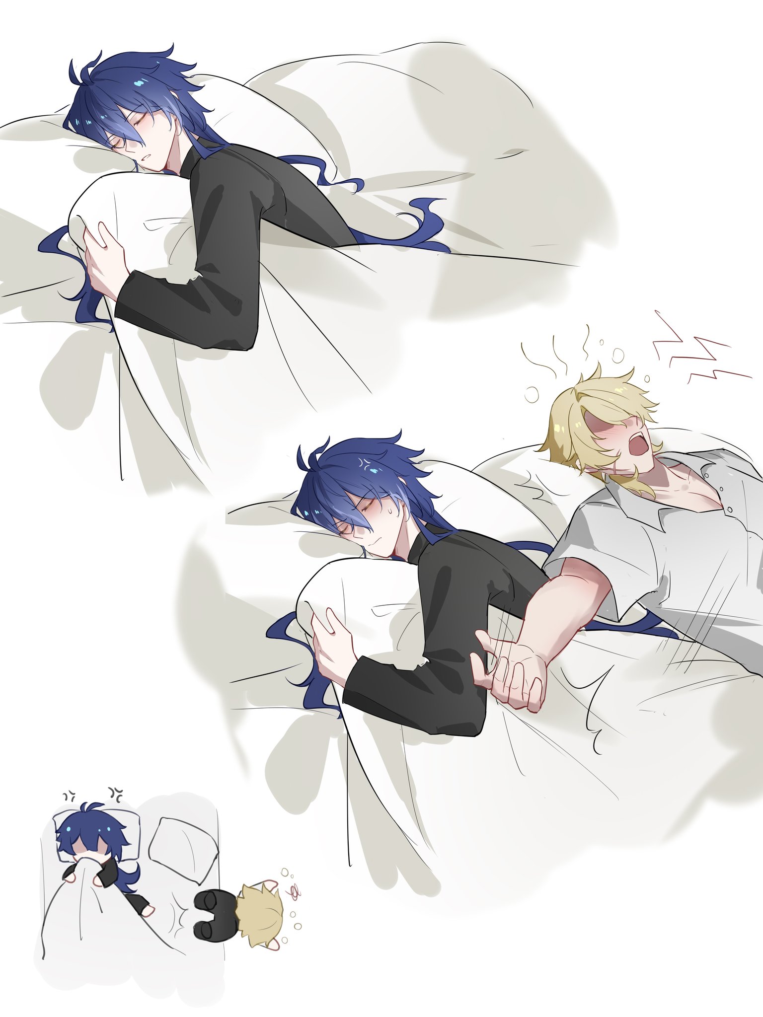 flins (genshin impact), varka (genshin impact), genshin impact, commentary, highres, 2boys, anger vein, annoyed, antenna hair, bed, black pants, black shirt, blonde hair, blue hair, closed eyes, collared shirt, jiangyanliang, kicking, long hair, long sleeves, lying, male focus, multiple boys, on back, on side, open collar, open mouth, outstretched arm, pants, parted lips, pillow, sequential, shirt, sleeping, squeans, sweatdrop, teeth, under covers, upper teeth only, very long hair, wing collar