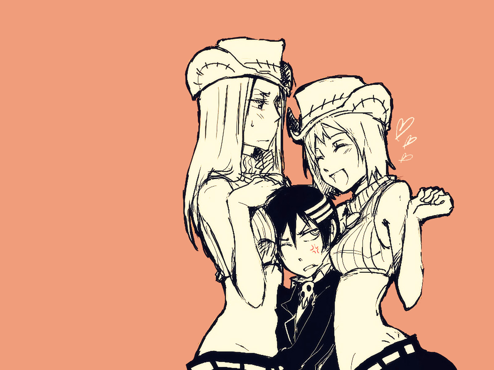 death the kid, elizabeth thompson, patricia thompson, soul eater, highres, 00s, 1boy, 2girls, anger vein, angry, belt, between breasts, blonde hair, breast smother, breasts, closed eyes, crop top, face to breasts, food, hat, midriff, multiple breast smother, multiple girls, oekaki, orange background, sandwich, siblings, sisters