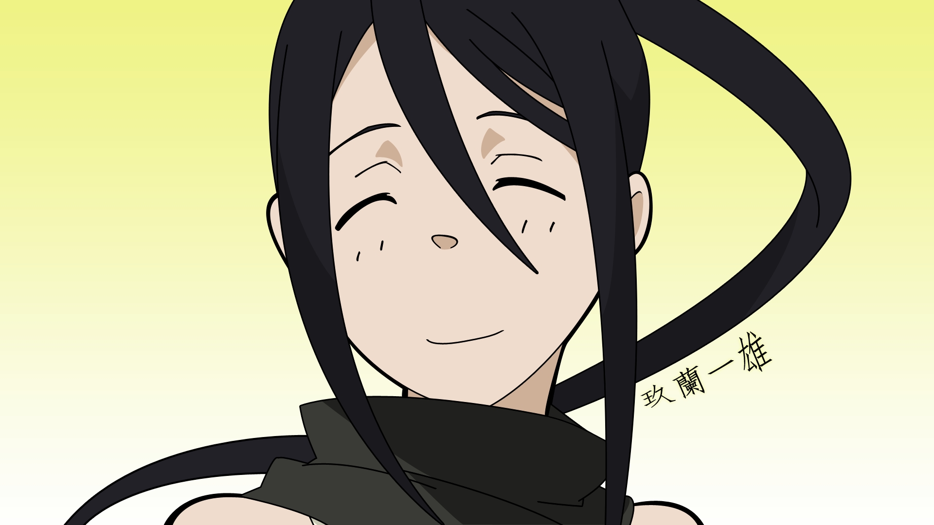 nakatsukasa tsubaki, soul eater, highres, 00s, 1girl, black hair, closed eyes, female focus, portrait, smile, solo, yellow background