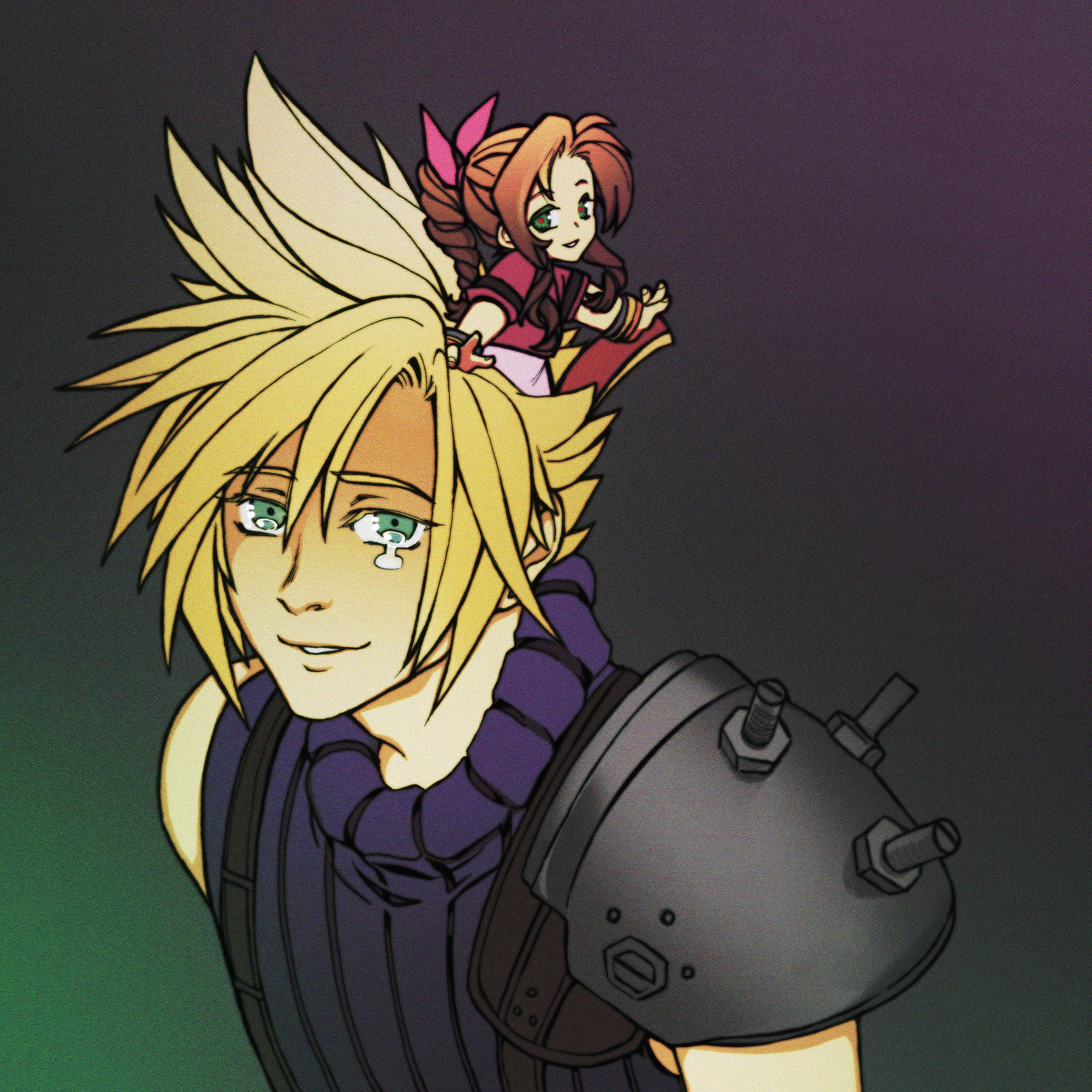 herzenreine, aerith gainsborough, cloud strife, final fantasy, final fantasy vii, final fantasy vii rebirth, final fantasy vii remake, highres, 1boy, 1girl, armor, bangle, blonde hair, blue shirt, bracelet, braid, braided ponytail, brown hair, chibi, cropped jacket, crying, dress, earrings, gradient background, green eyes, hair between eyes, hair ribbon, jacket, jewelry, long hair, parted bangs, parted lips, pauldrons, pink dress, pink ribbon, red jacket, red pupils, ribbon, shirt, short hair, shoulder armor, sidelocks, single bare shoulder, single braid, single earring, single pauldron, sleeveless, sleeveless turtleneck, smile, spiked hair, suspenders, tears, tears from one eye, turtleneck, upper body
