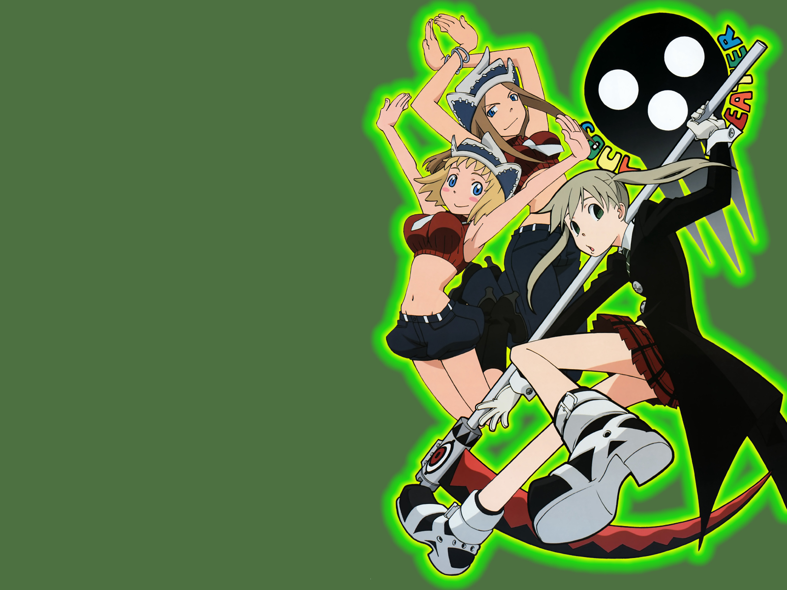 komori kaori, death the kid, elizabeth thompson, maka albarn, patricia thompson, soul eater, platform footwear, silver hair, highres, official art, official wallpaper, 00s, 3girls, :o, ankle boots, arm up, armpits, arms up, bare shoulders, belt, blonde hair, blue eyes, blush stickers, boots, bracelet, breasts, brown hair, buckle, buttons, coat, copyright name, crop top, crossed arms, denim, denim shorts, flat chest, floating hair, foreshortening, gloves, glowing, green background, green eyes, hat, high heels, holding, jeans, jewelry, jumping, knee boots, large breasts, leg lift, liz thompson, long coat, long hair, long sleeves, looking at viewer, looking back, midriff, miniskirt, multiple girls, necktie, open mouth, outline, outstretched arm, outstretched arms, over shoulder, pants, patty thompson, plaid clothes, plaid skirt, pleated skirt, profile, ribbed sweater, scythe, shoes, short hair, short shorts, shorts, siblings, sidelocks, simple background, sisters, skirt, skull, sleeve cuffs, sleeveless, sleeveless turtleneck, smile, stitches, sweater, turtleneck, twintails, weapon, weapon over shoulder, white gloves